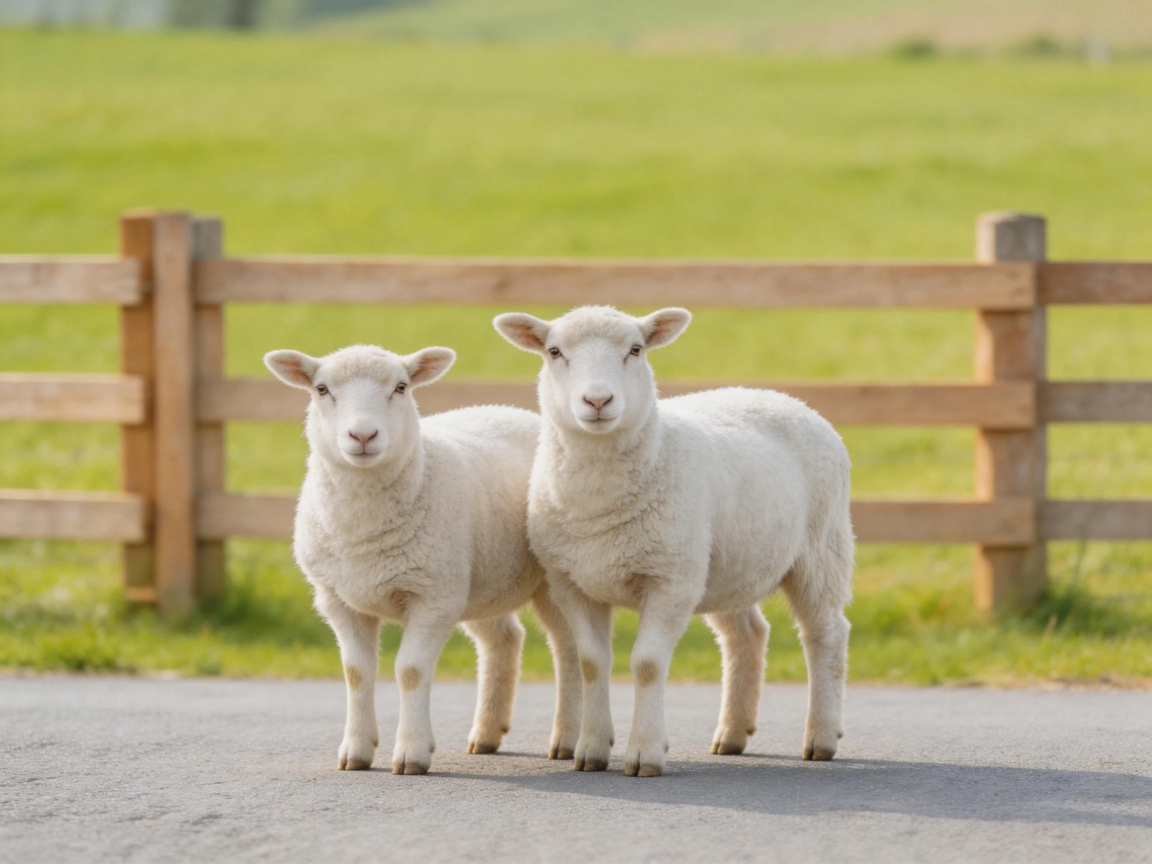 Two young white lambs near a wooden fence in a green pasture
