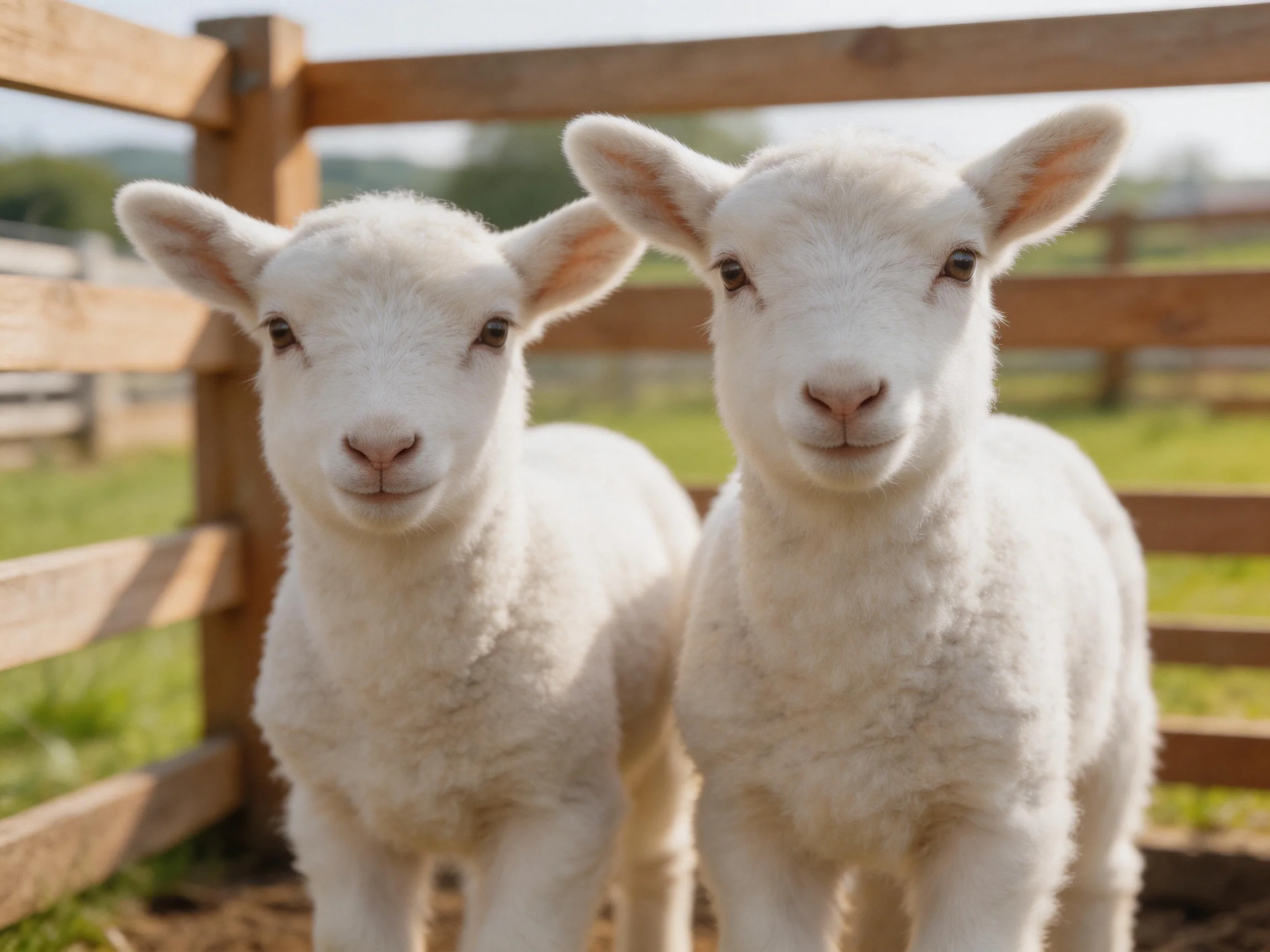 Two young white lambs near a wooden fence in bright daylight