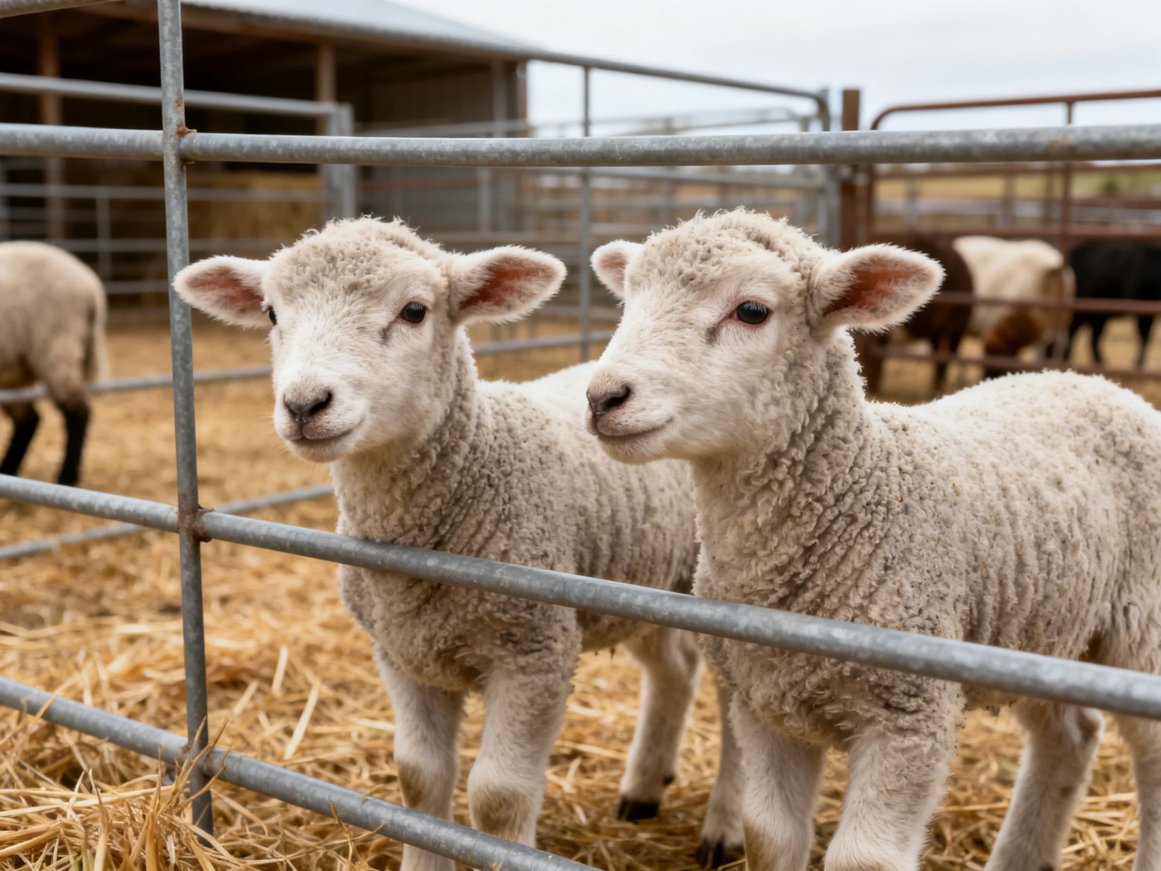 Two young white lambs near metal fence in farm enclosure