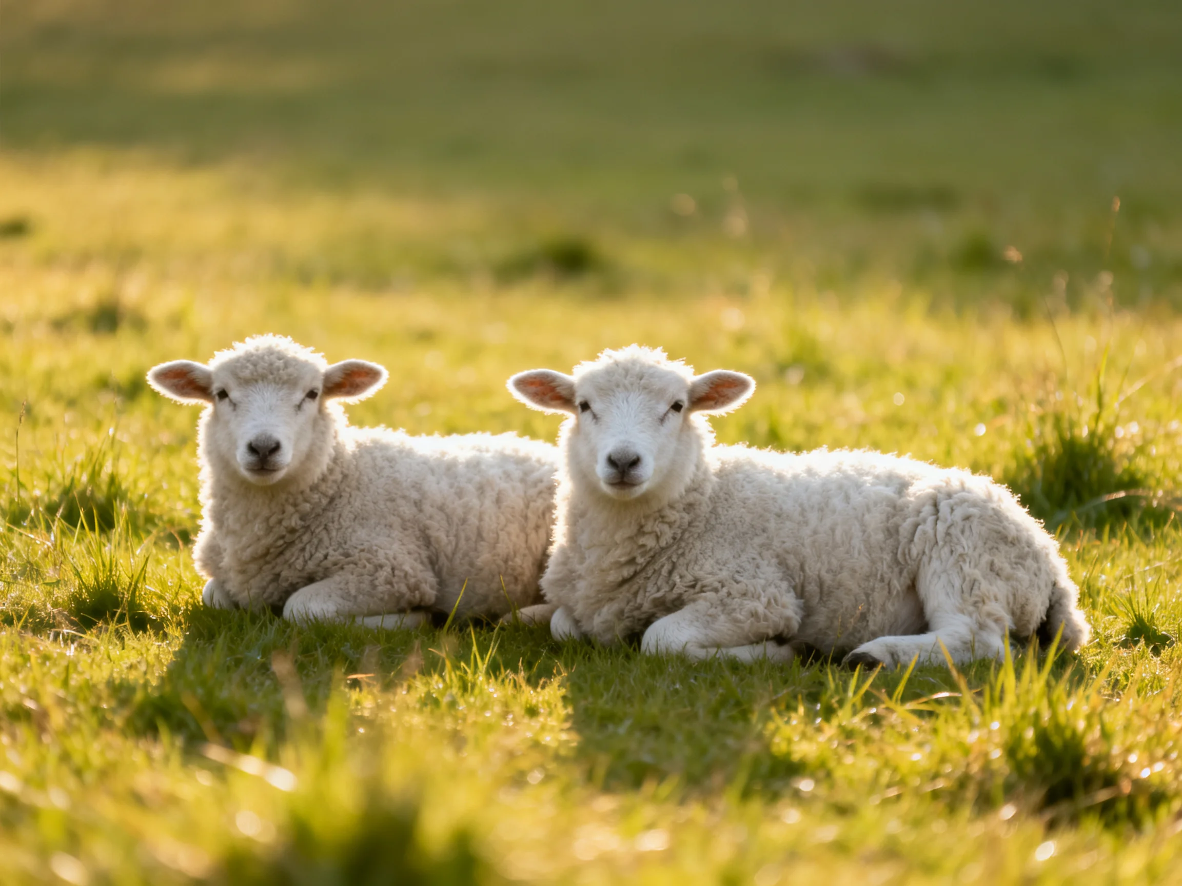 Two young sheep relax side by side in a sun-drenched grassy landscape.