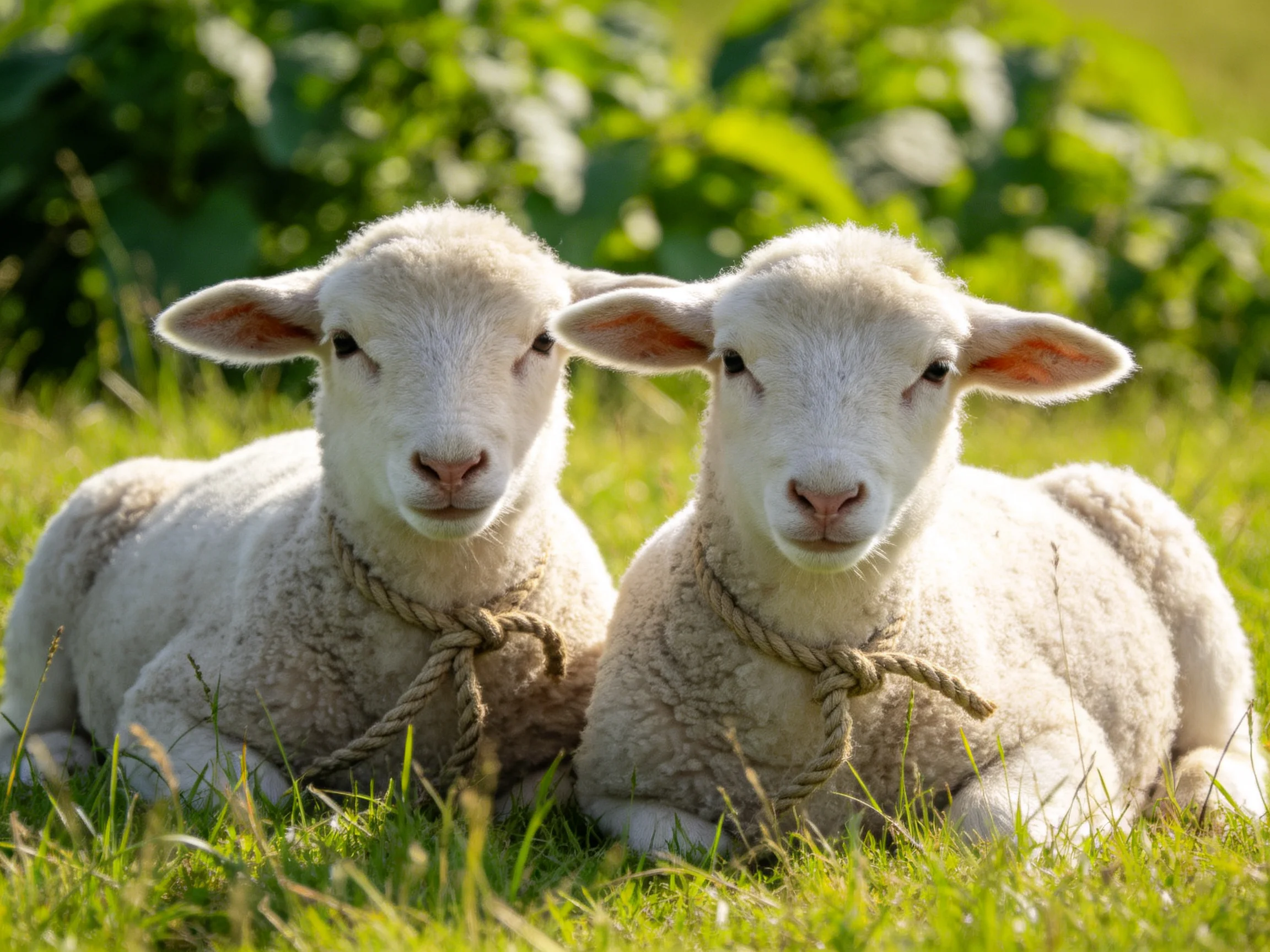 Two young white lambs resting in sunlit green grass