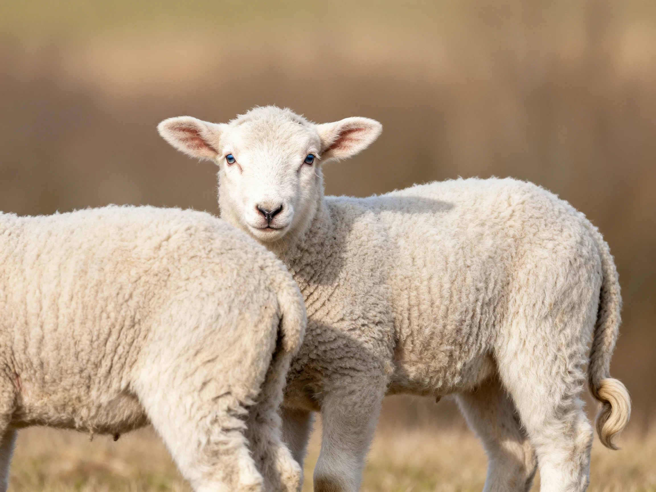 Two young white lambs standing close together in a field