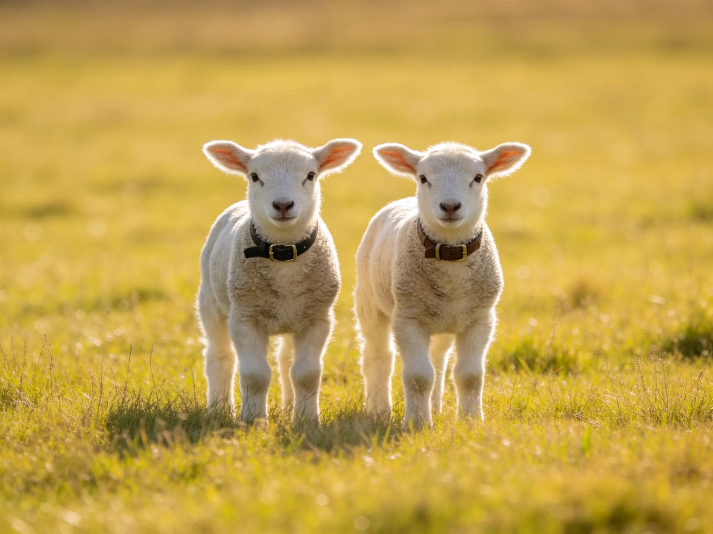 Two young white lambs with collars in a sunny field