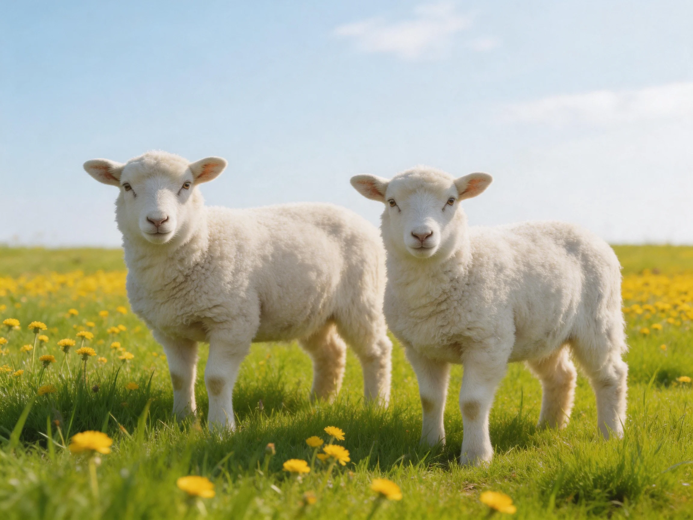 Twolambs stand in a green meadow with yellow wildflowers