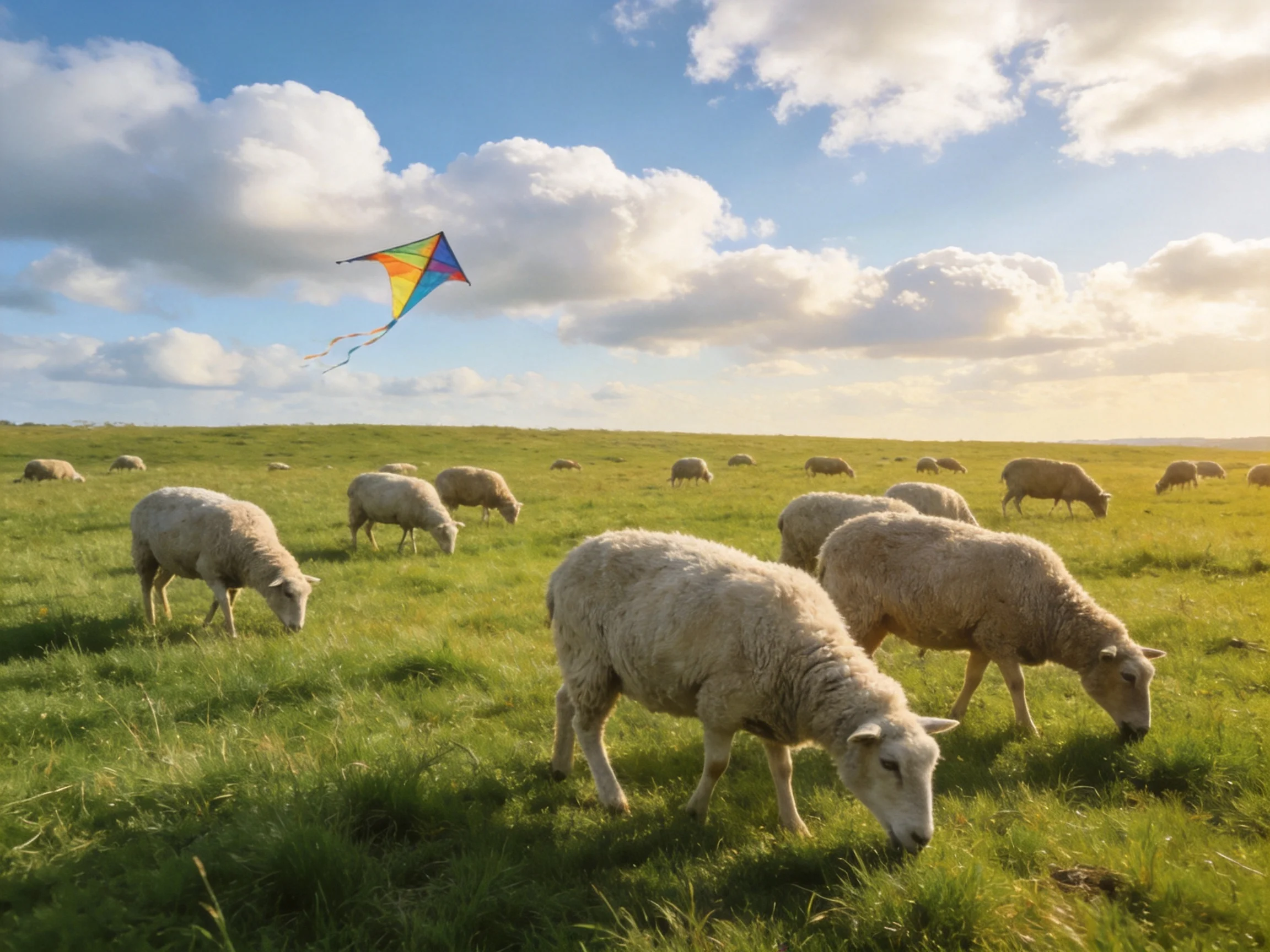 Vibrant kite hovers above sheep grazing in sunlit meadow