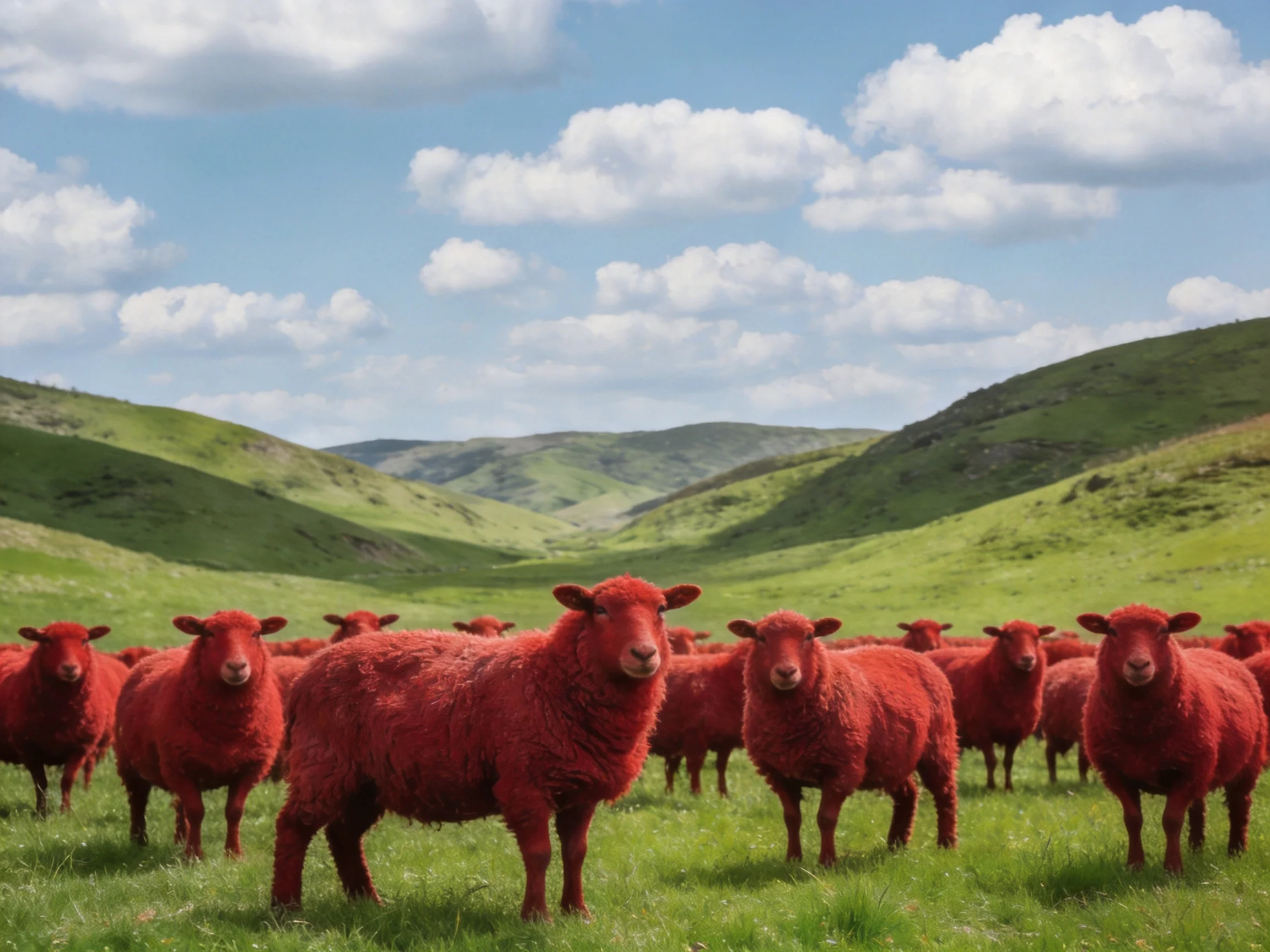 Vibrant red sheep in a lush green rolling valley