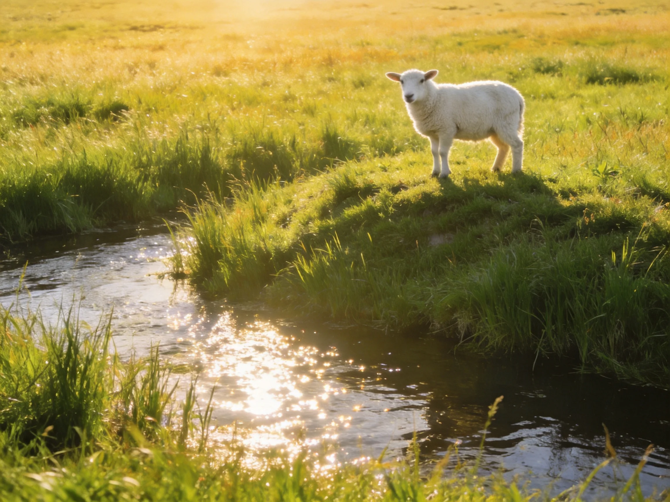 White Lamb Near Sunlit Stream in Green Meadow