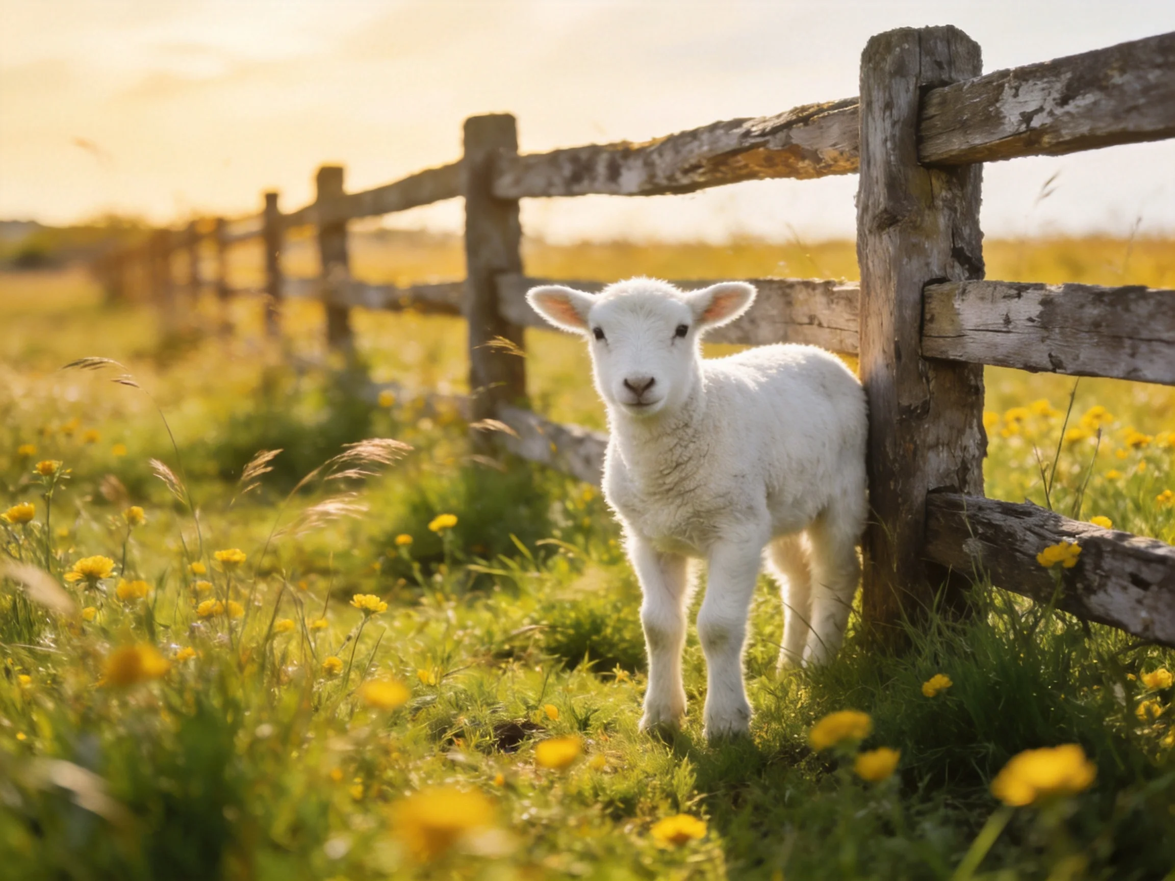 White Lamb Near Weathered Fence in Flower-Filled Meadow