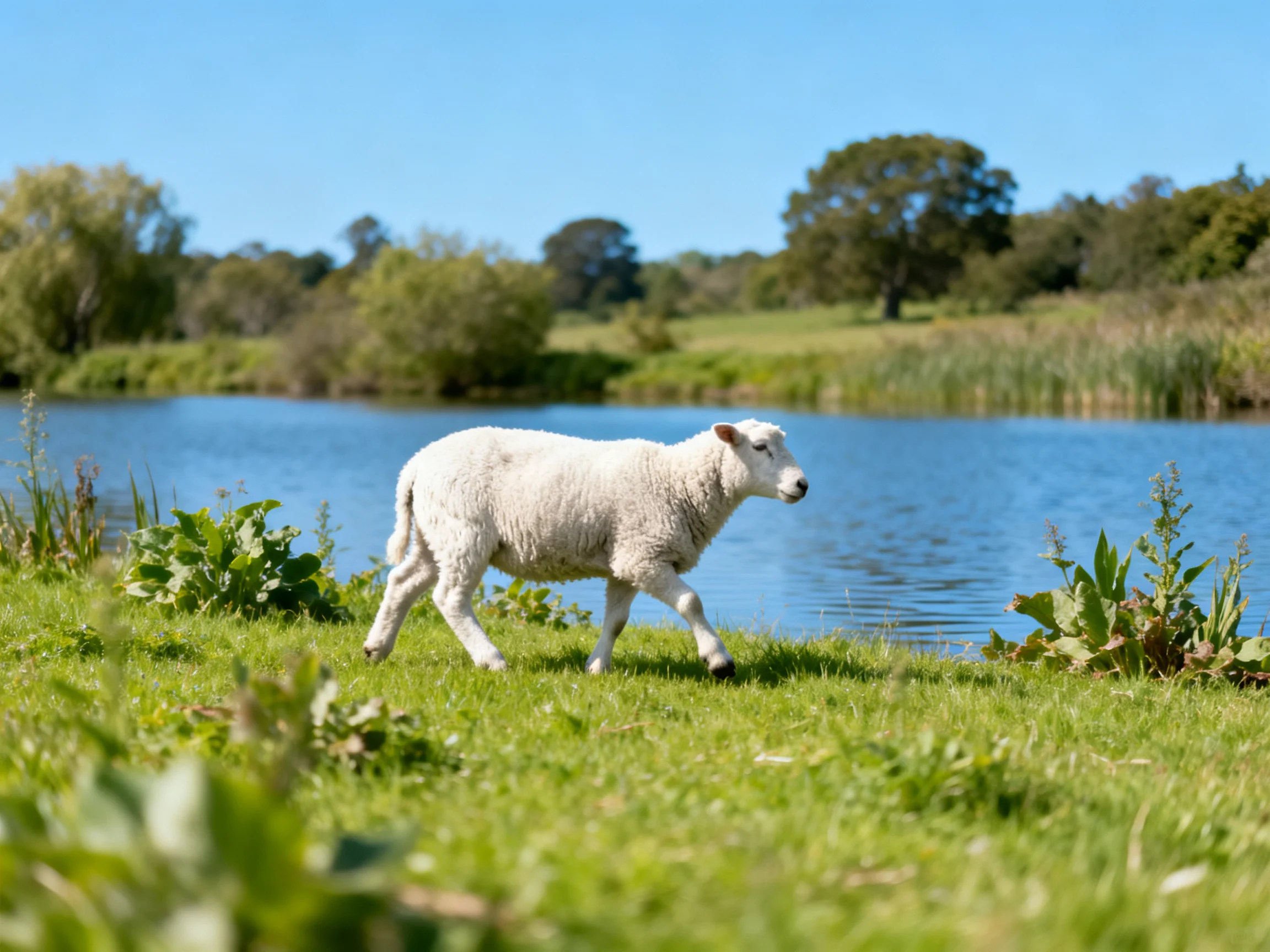 White Lamb Walking Near Calm Blue Water With Green Grass