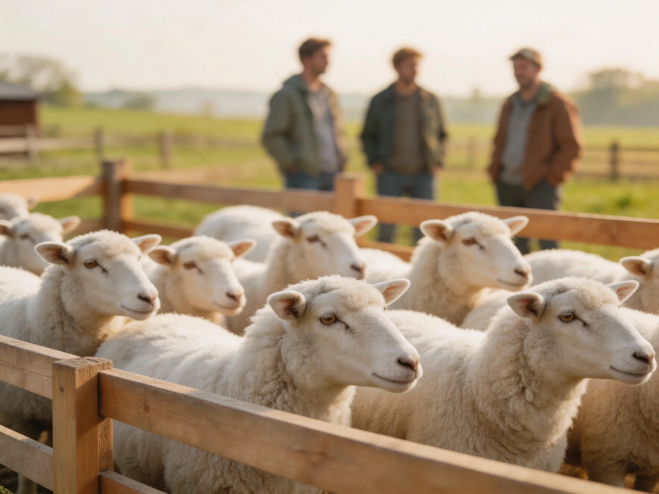 White Sheep in a Wooden Fence with Three Farmers in a Sunny Field