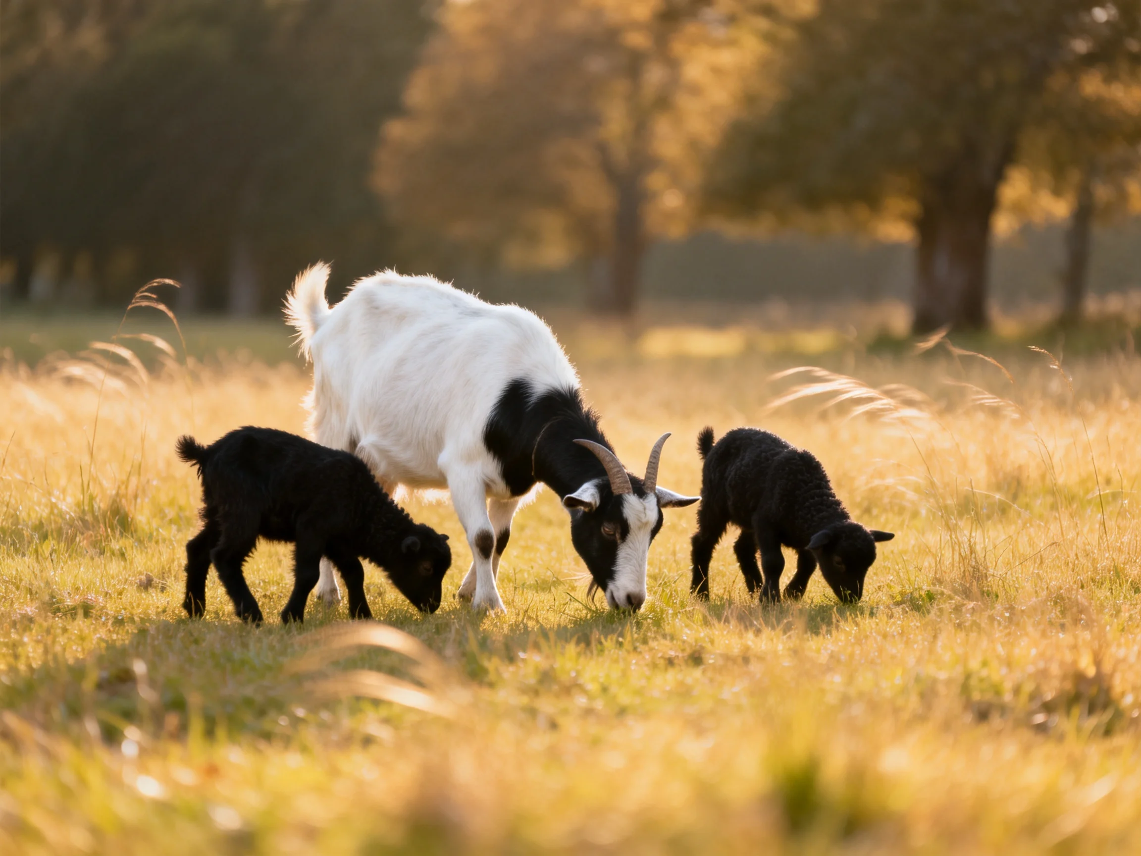 White and black goat with two black lambs grazing in a sunlit meadow