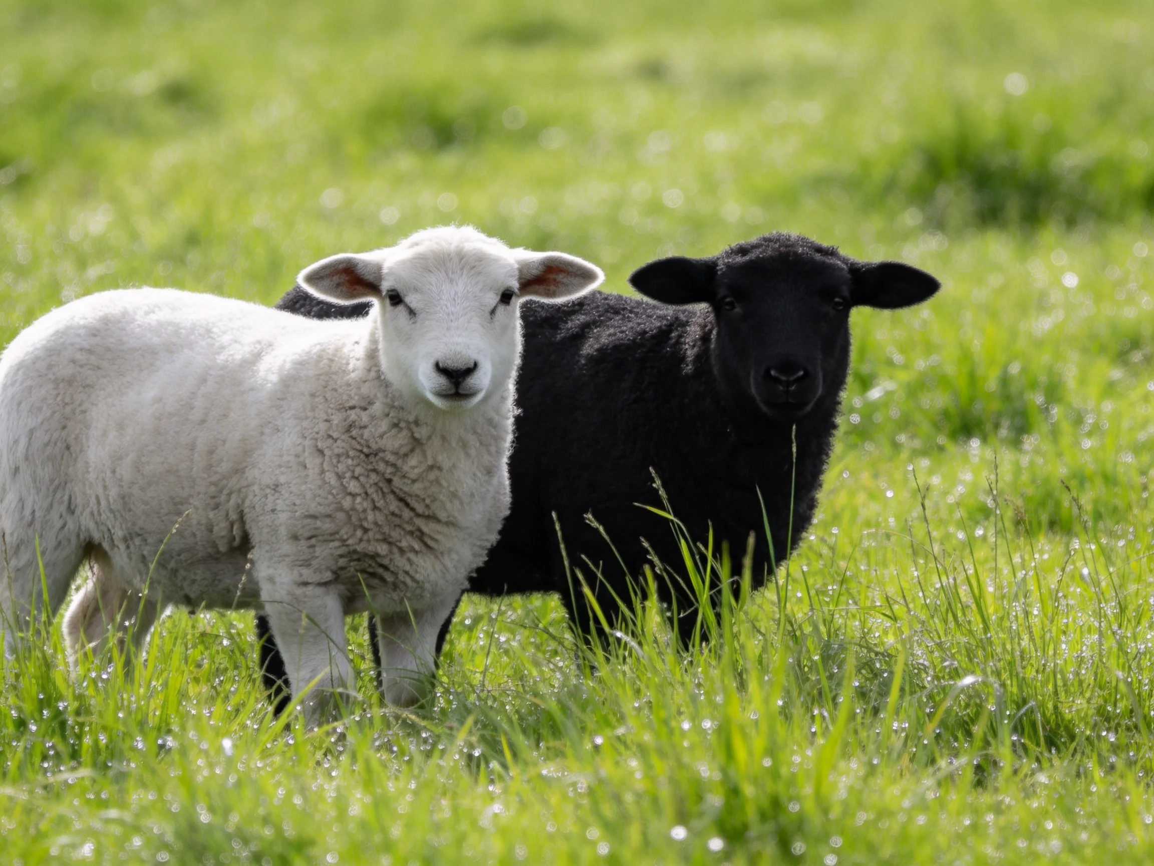 White and black lambs in a verdant grassy field