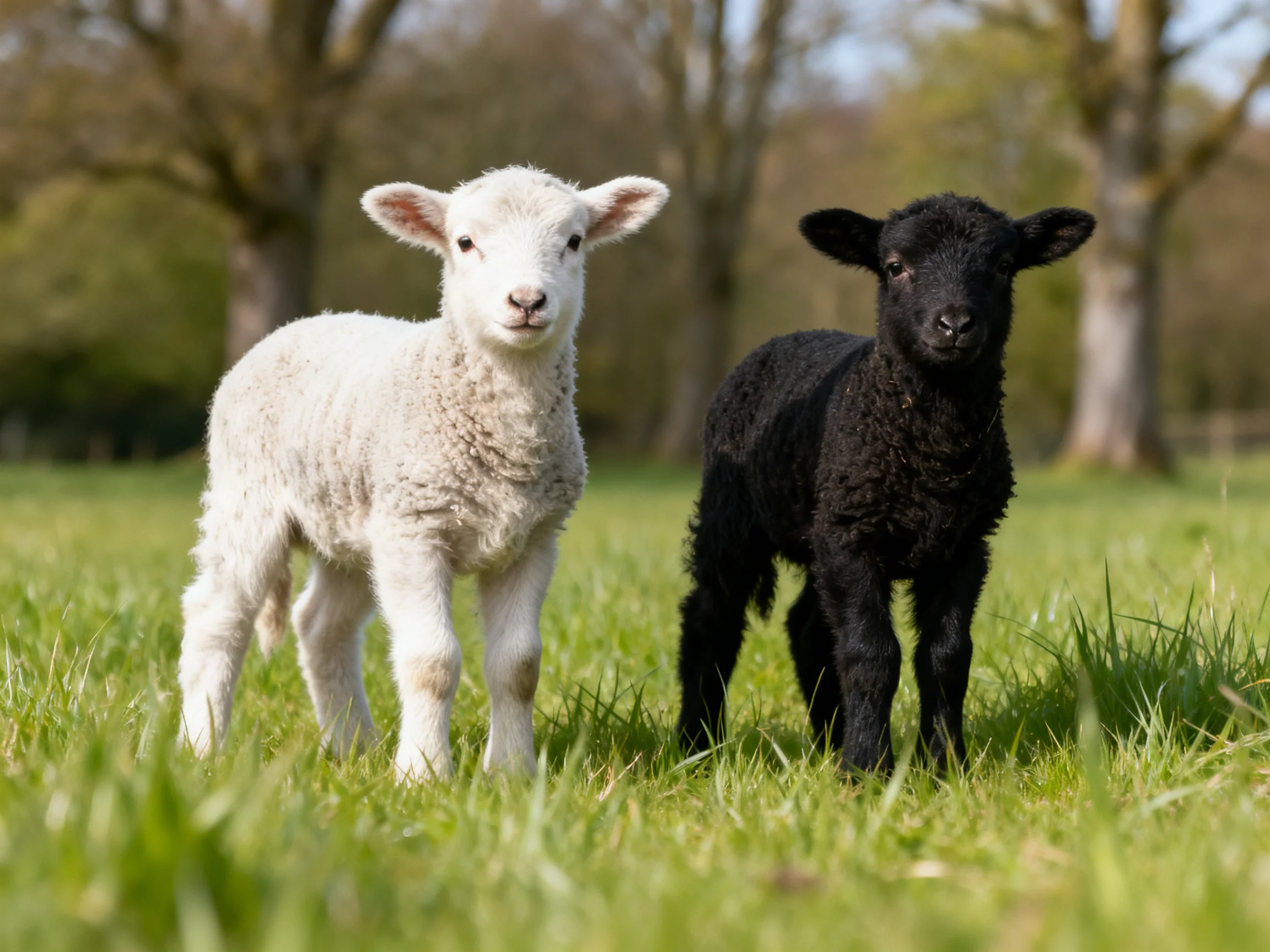 White and black lambs stand together in a grassy field