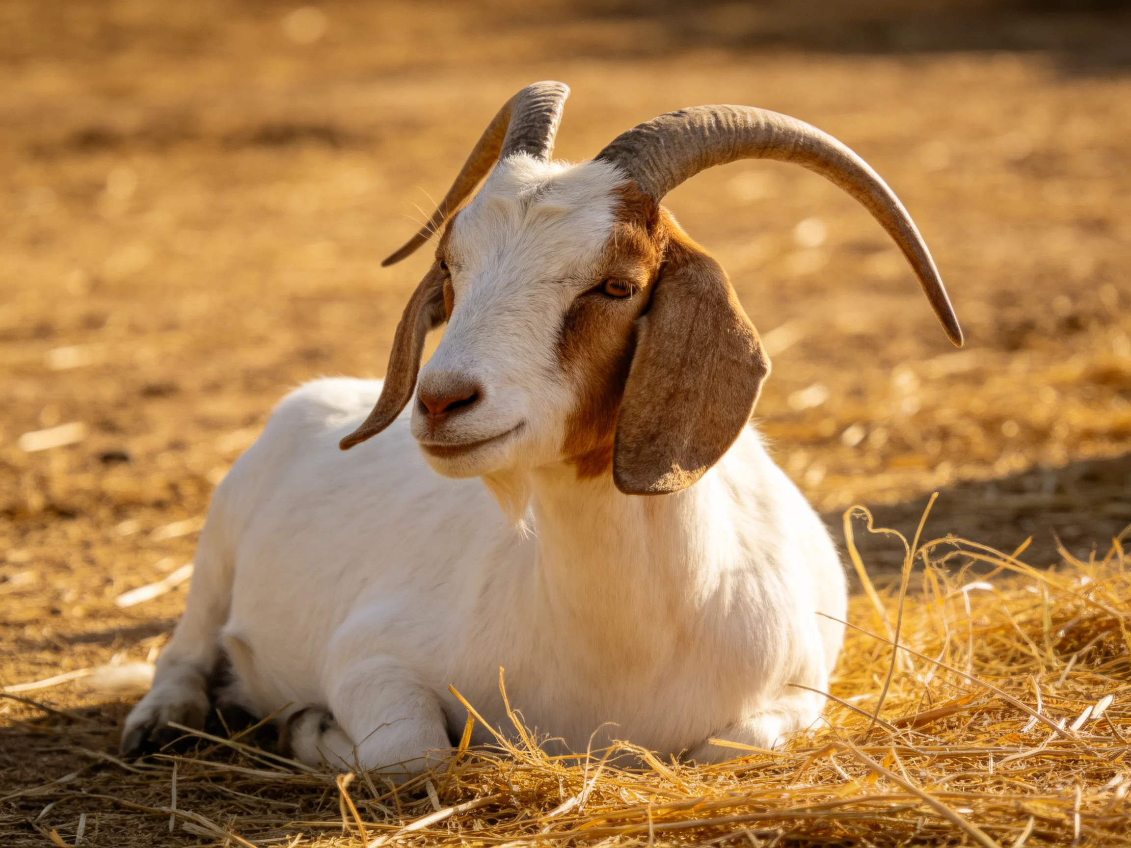 White and brown goat resting on golden straw with large curved horns