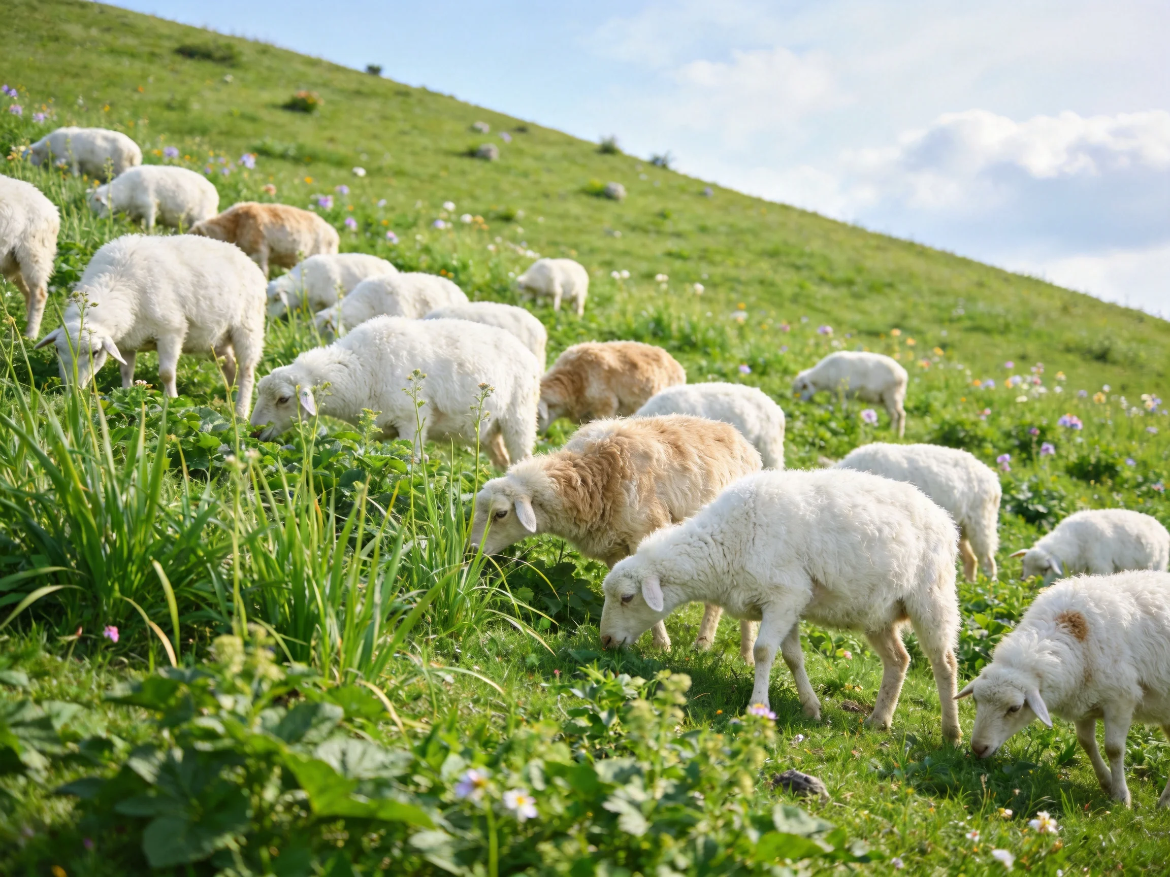 Sheep graze on a verdant hillside dotted with wildflowers.
