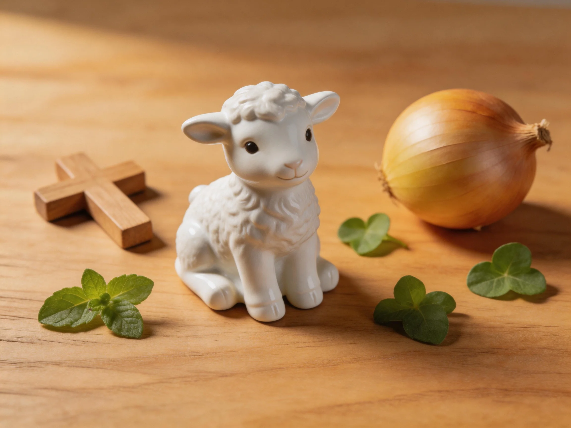 White ceramic lamb, golden onion, wooden cross, green herbs on wooden table
