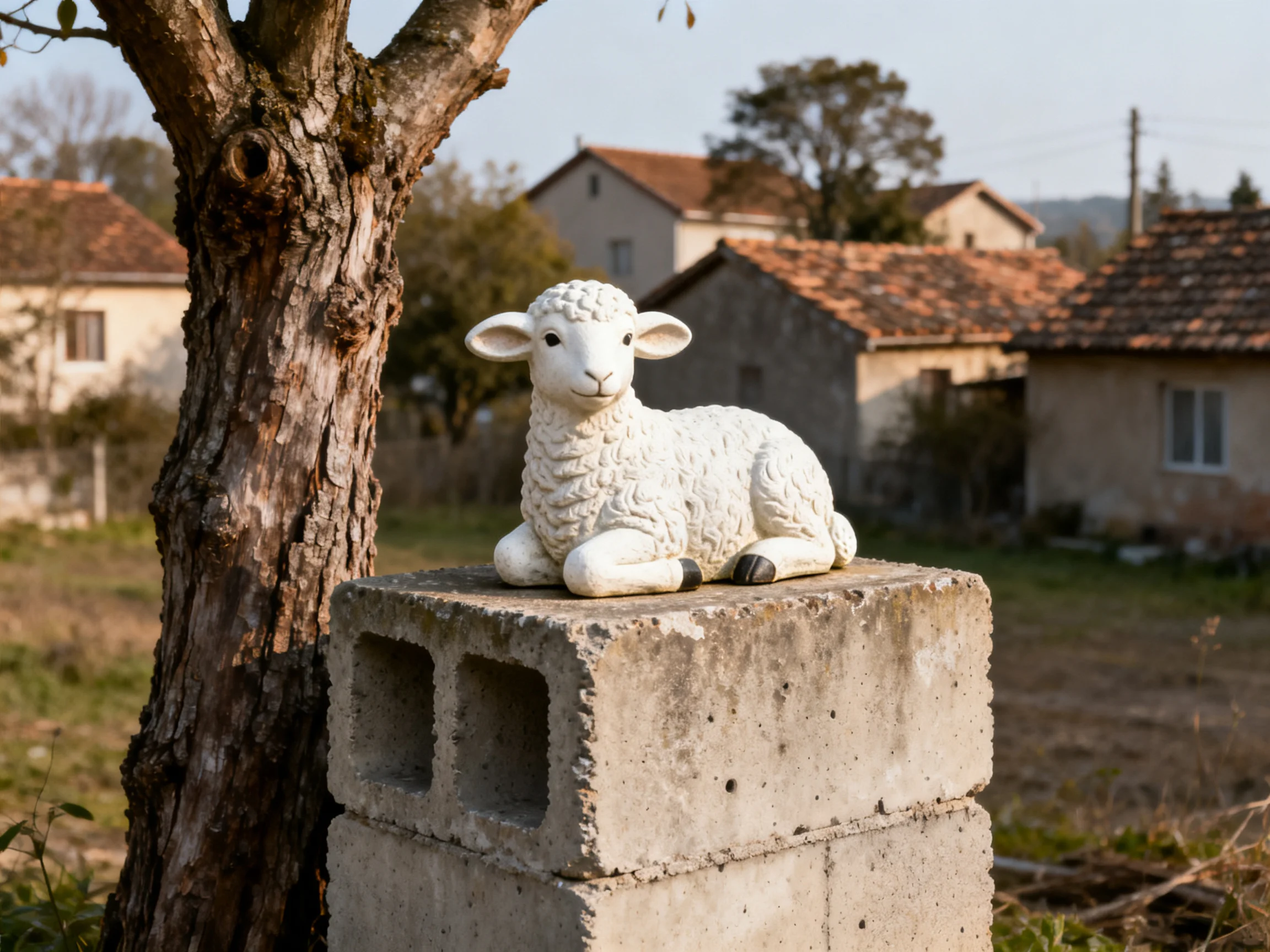 White ceramic lamb on concrete blocks near old tree with rural homes