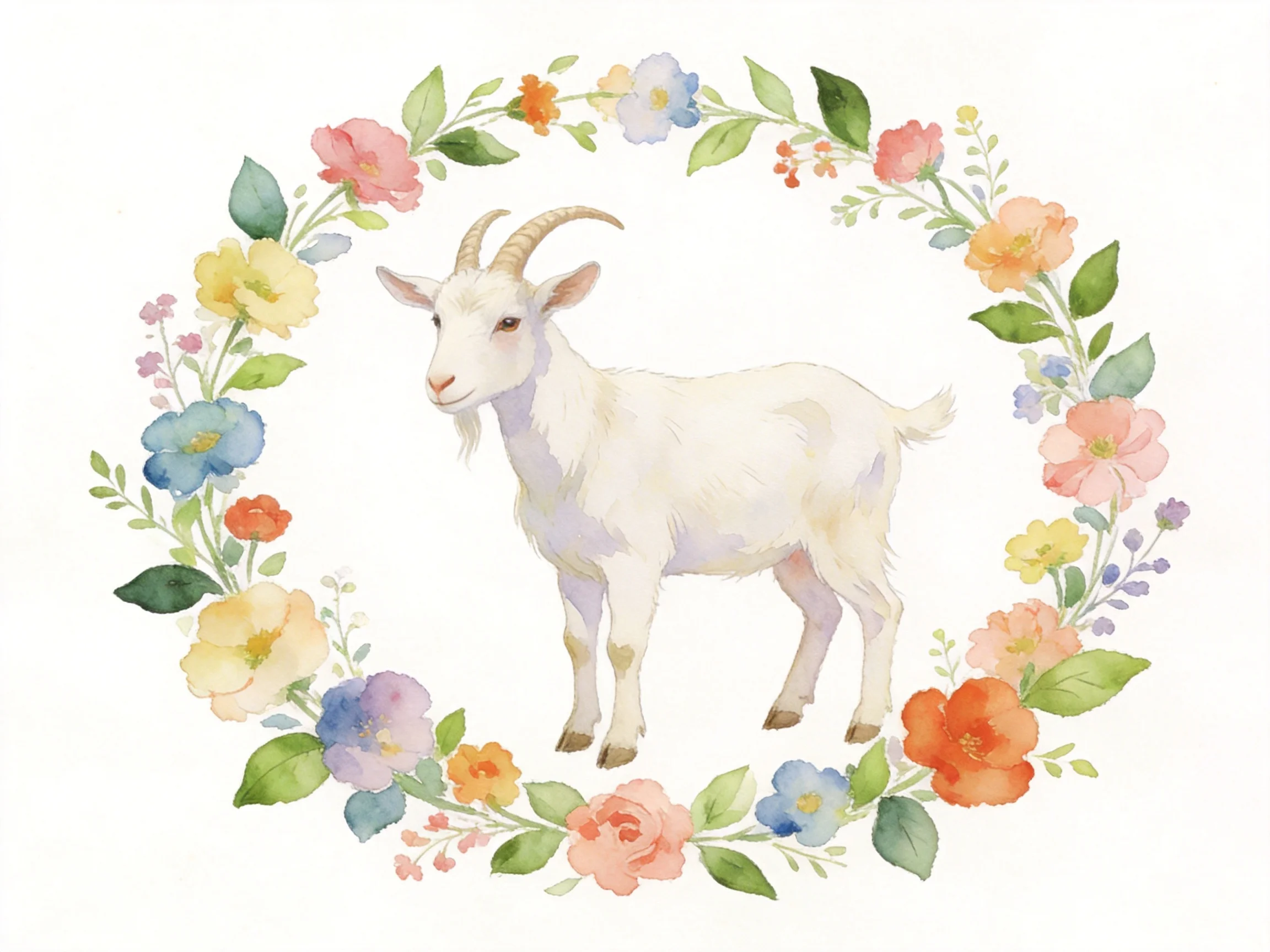 White goat surrounded by multicolored flower wreath