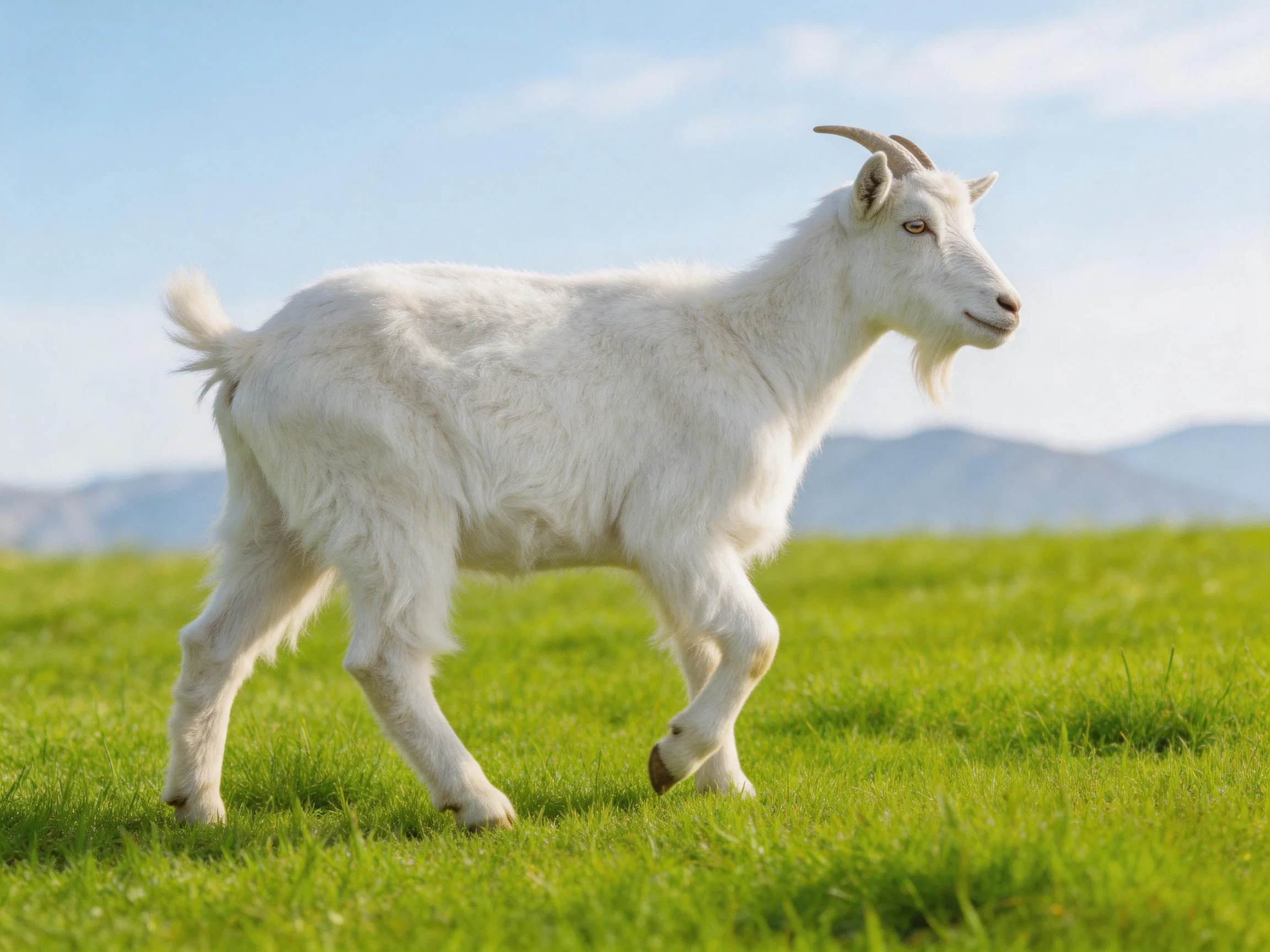 White goat trotting on lush green meadow with distant mountains