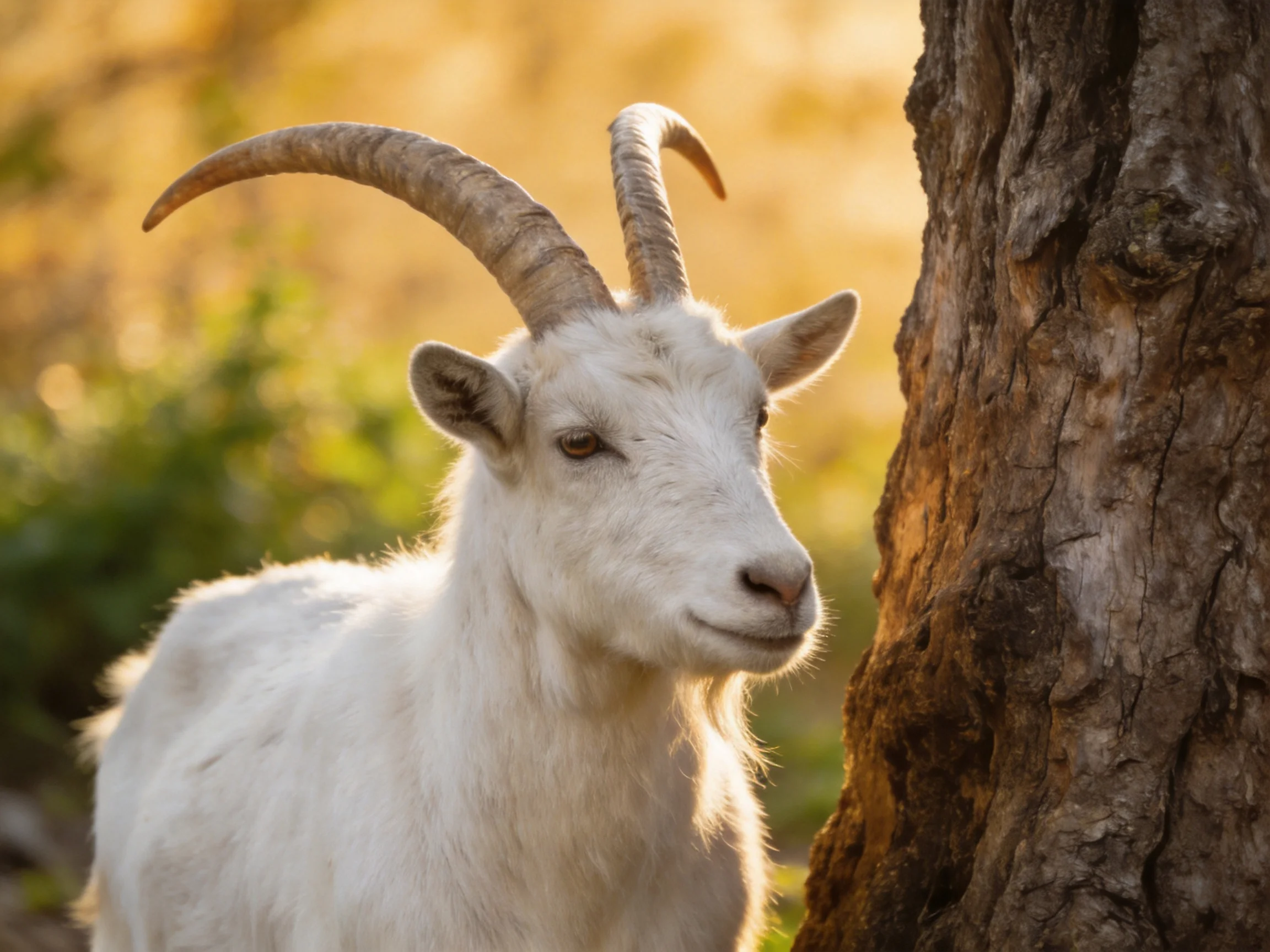 White goat with curved horns near a textured tree trunk