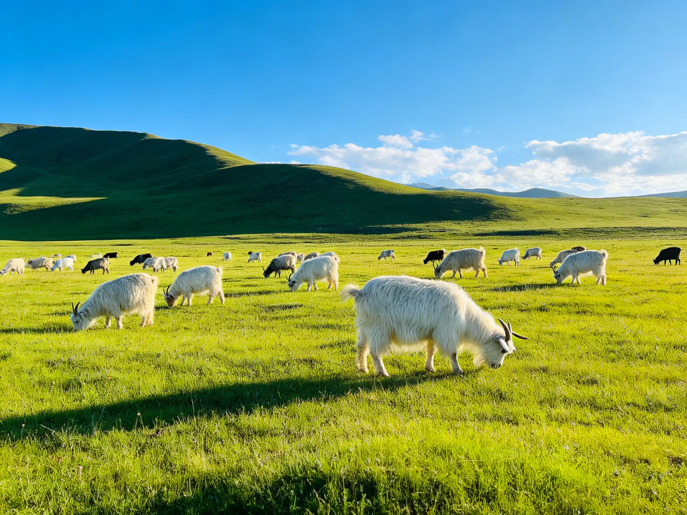 White goats graze in a lush green meadow with rolling hills