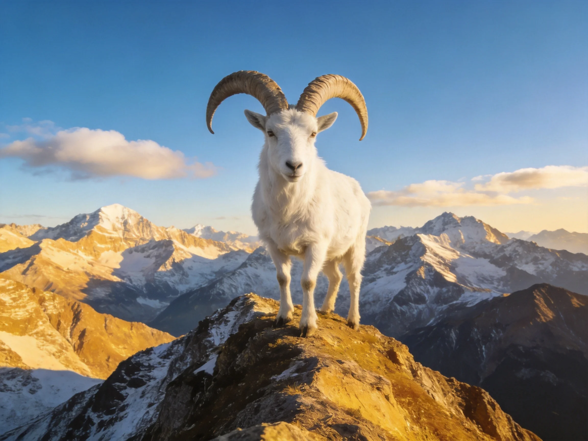 White horned animal on rocky mountaintop with snow-capped mountains