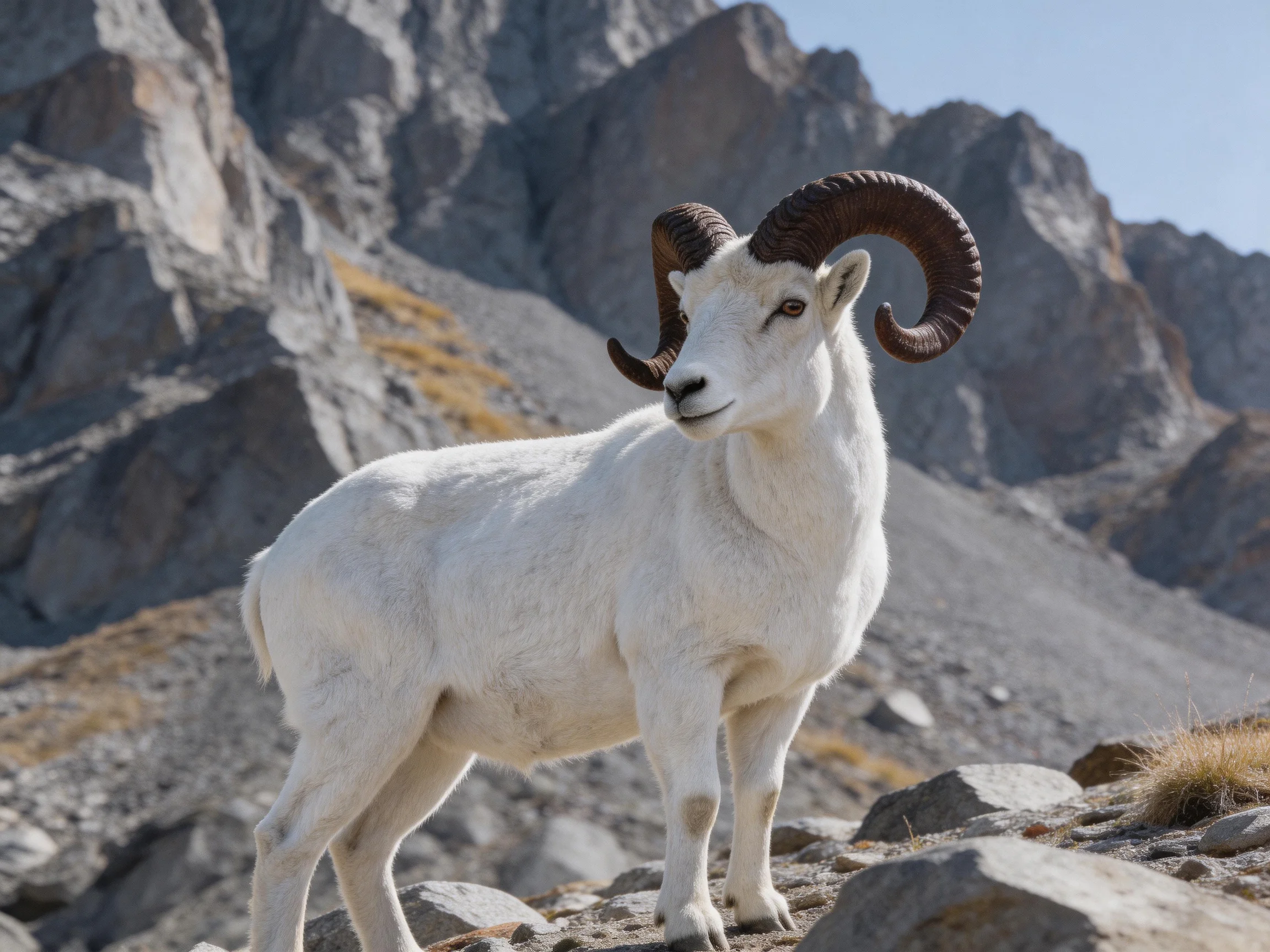 White horned goat on rocky mountain terrain