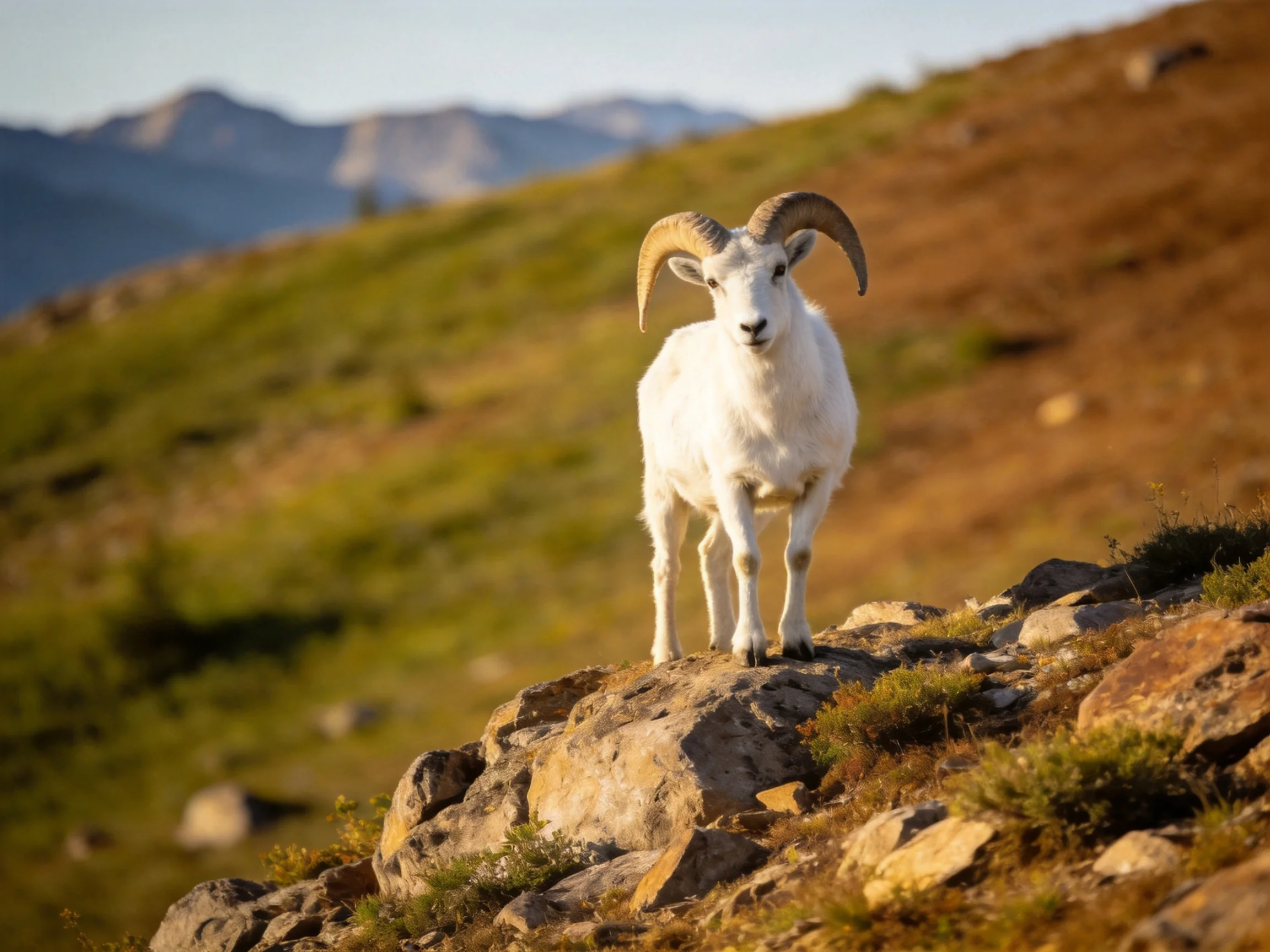 White horned goat stands on rocky mountain slope with distant peaks