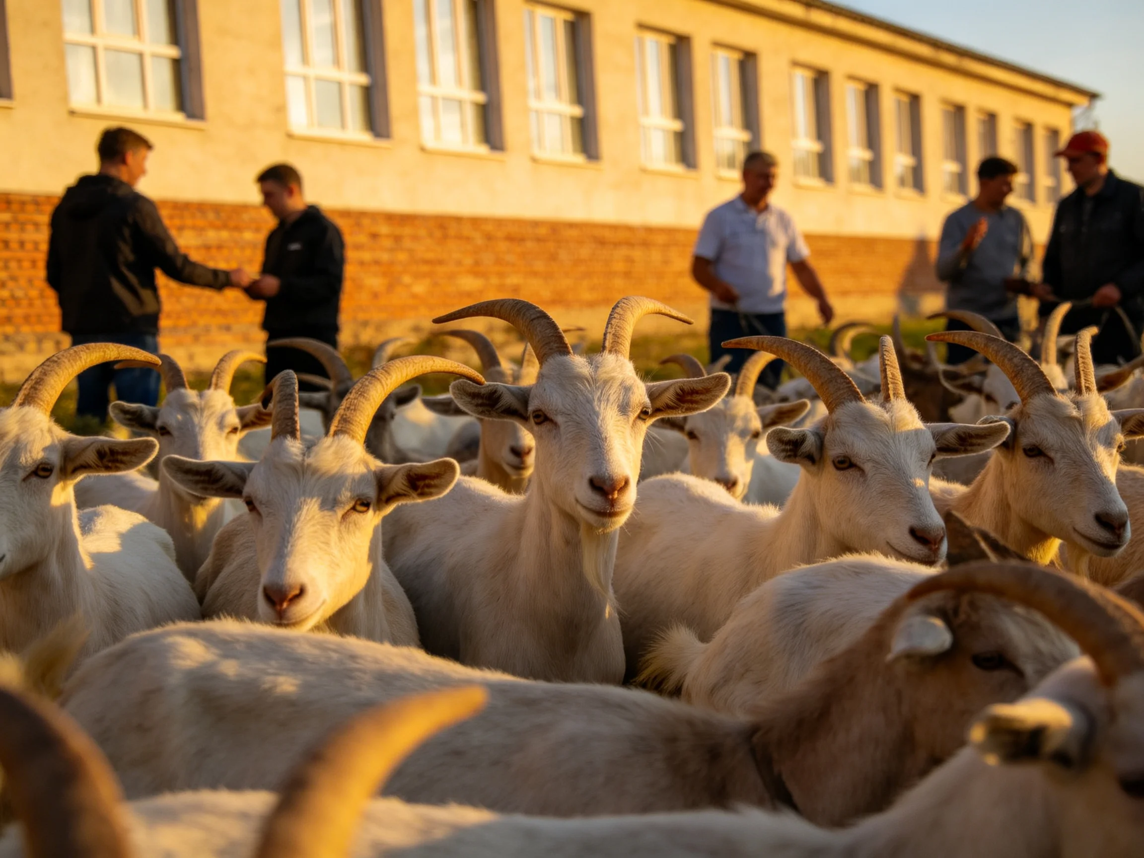 White horned goats gather near a brick-and-stone building with people