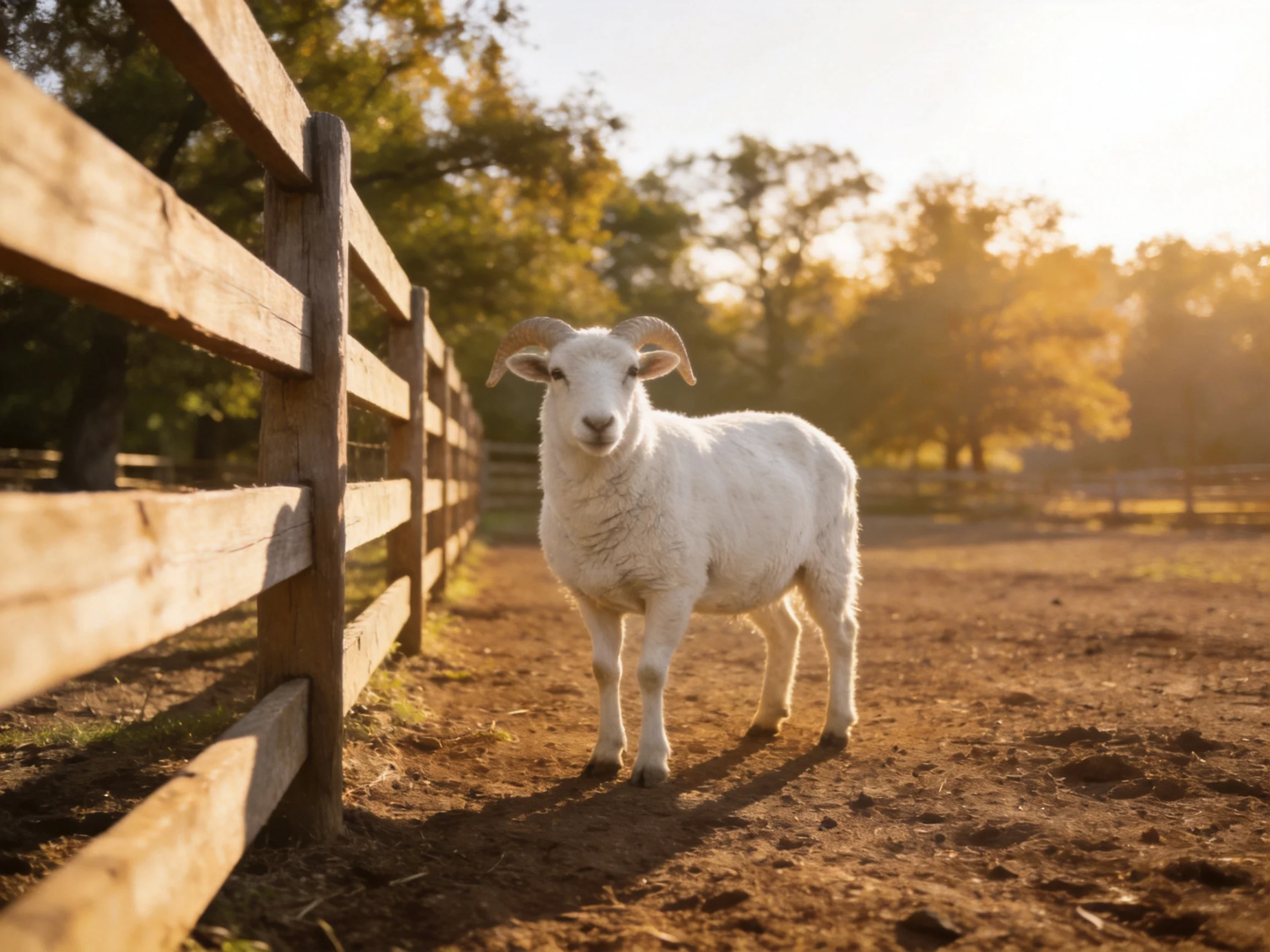 White horned sheep beside wooden fence on dirt ground
