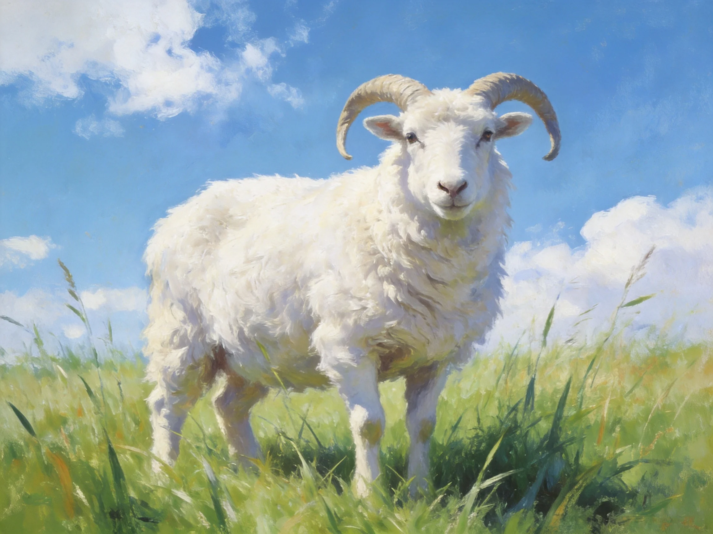 White horned sheep in a sunlit green meadow
