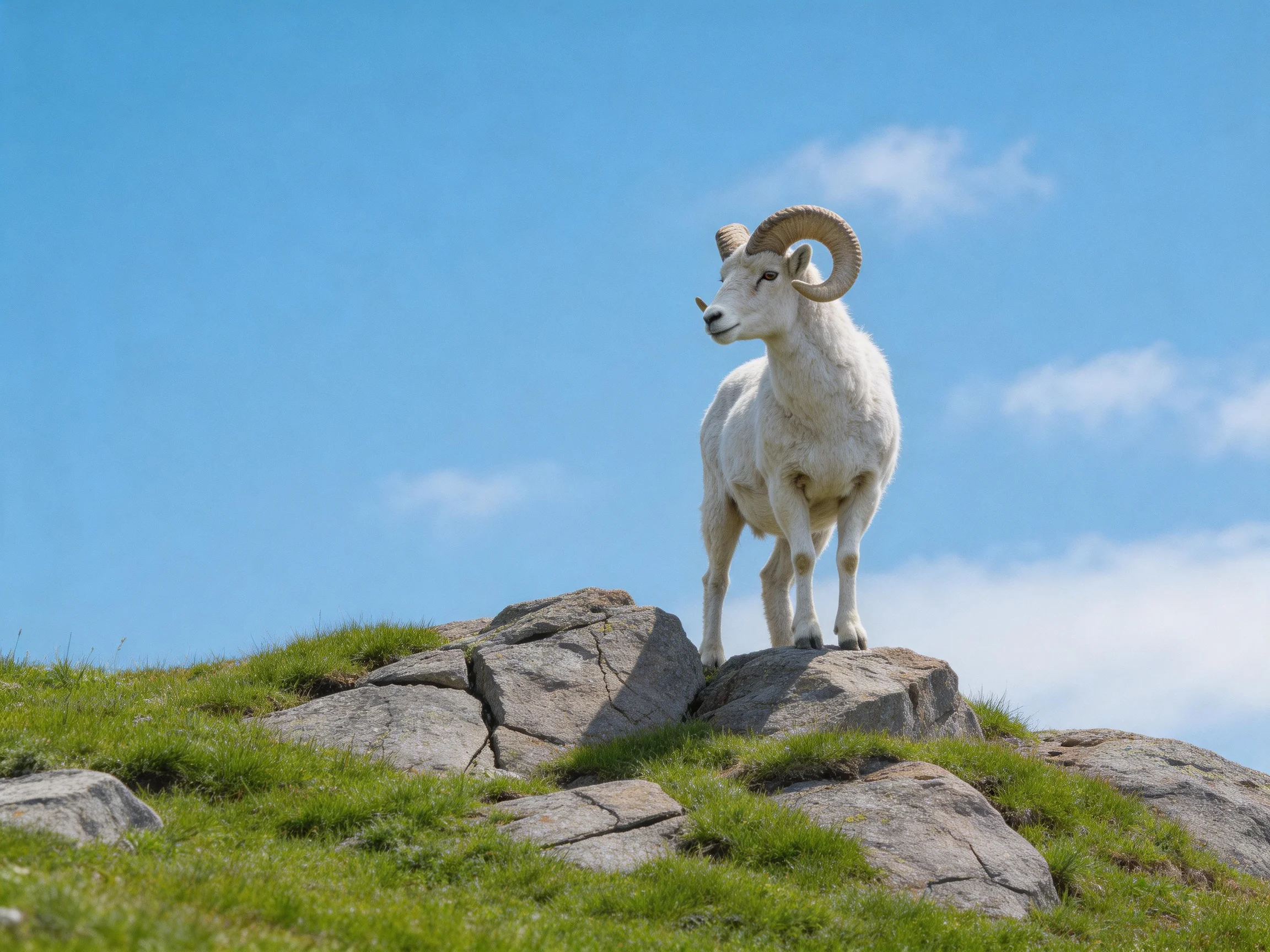 White horned sheep stands on rocky hillside with green grass