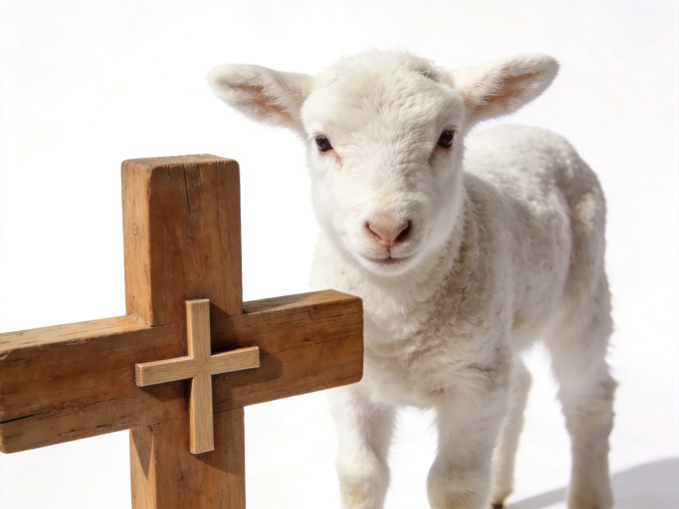 White lamb beside wooden crosses with cross detail
