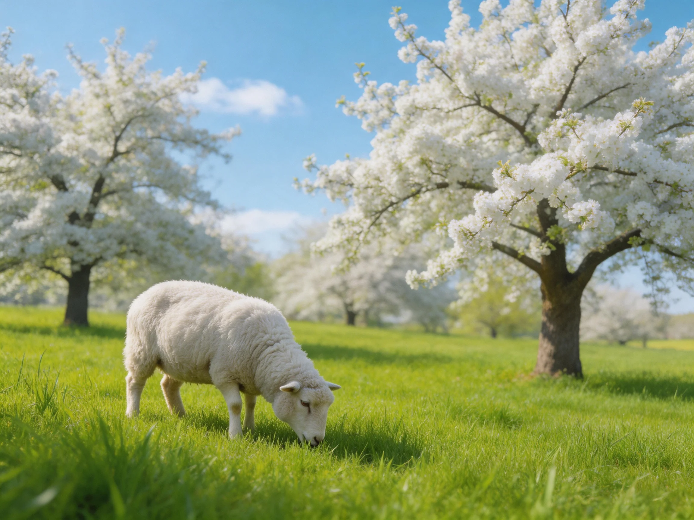 White lamb grazing in a lush green meadow with blooming trees