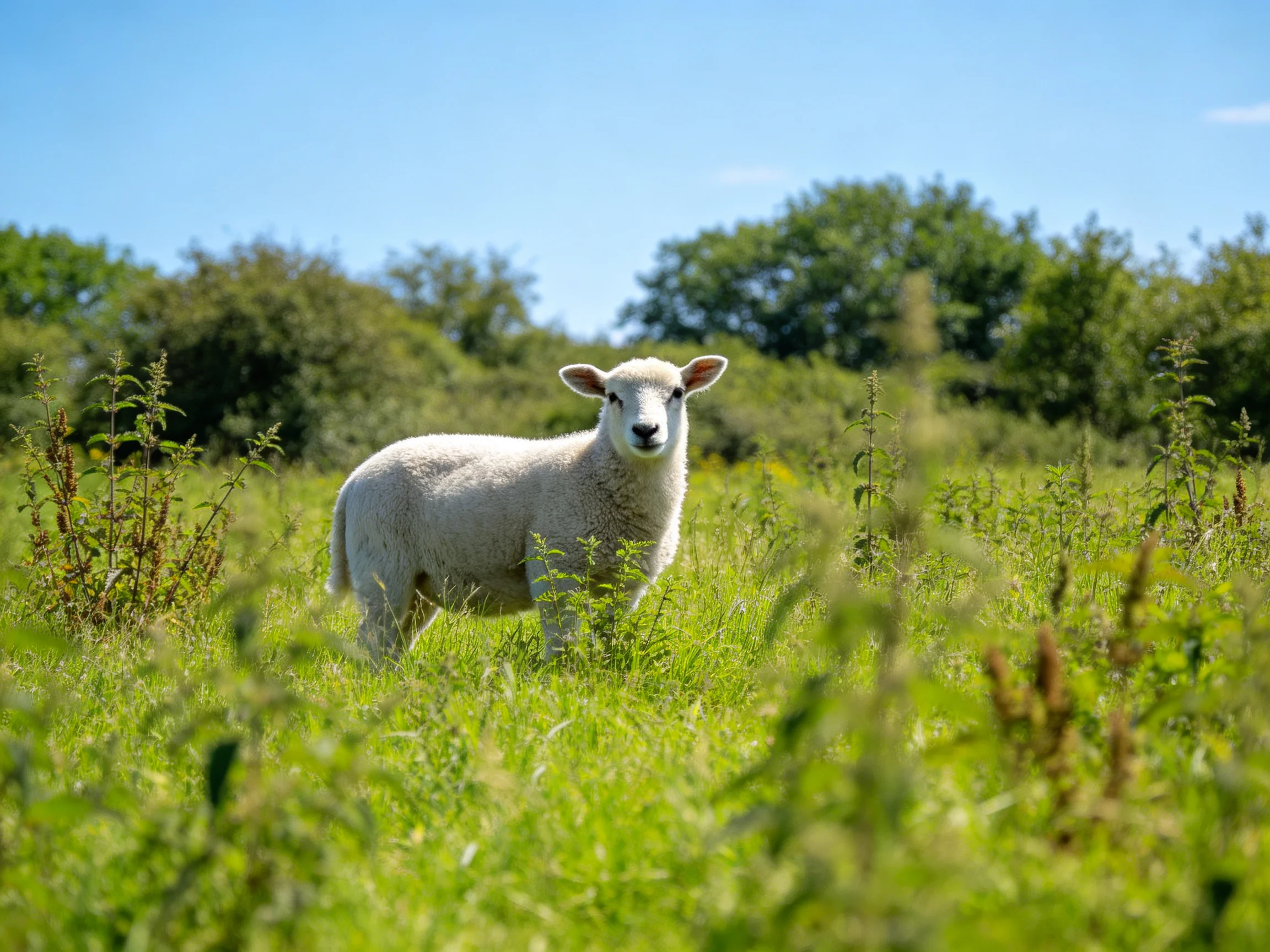 White lamb in a lush green meadow with distant trees