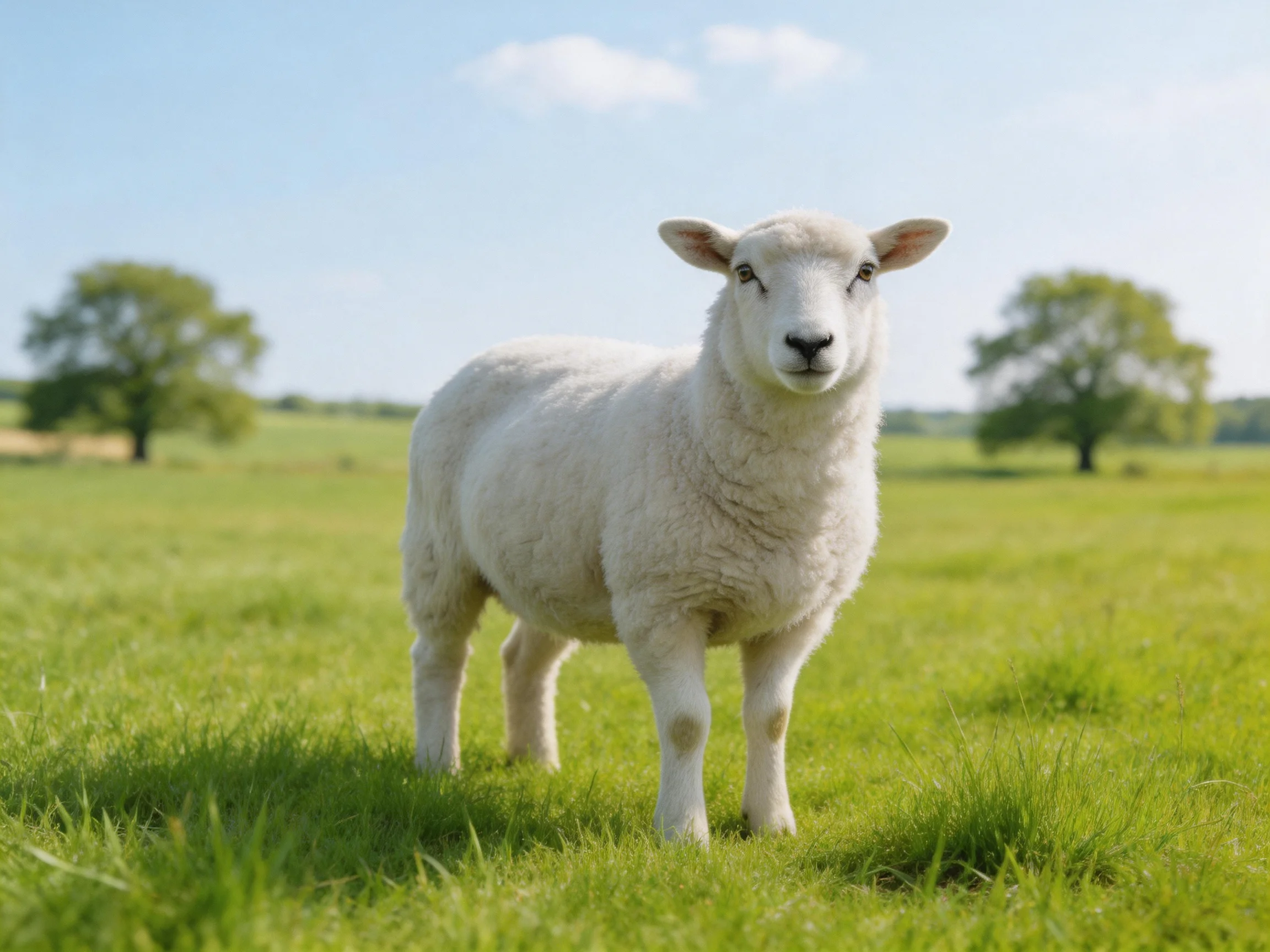 White lamb in lush green meadow near trees