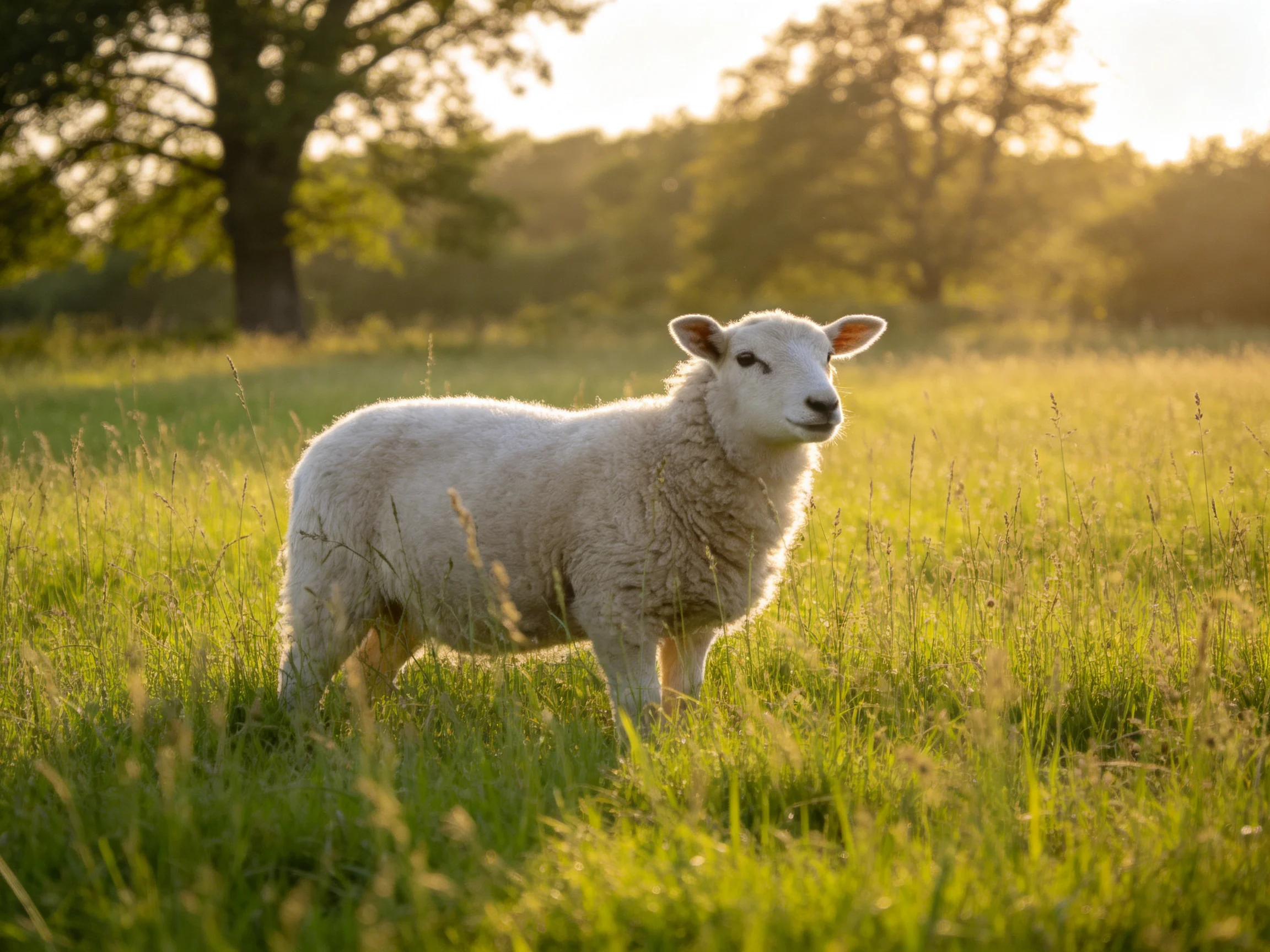 White lamb in sunlit green meadow near trees