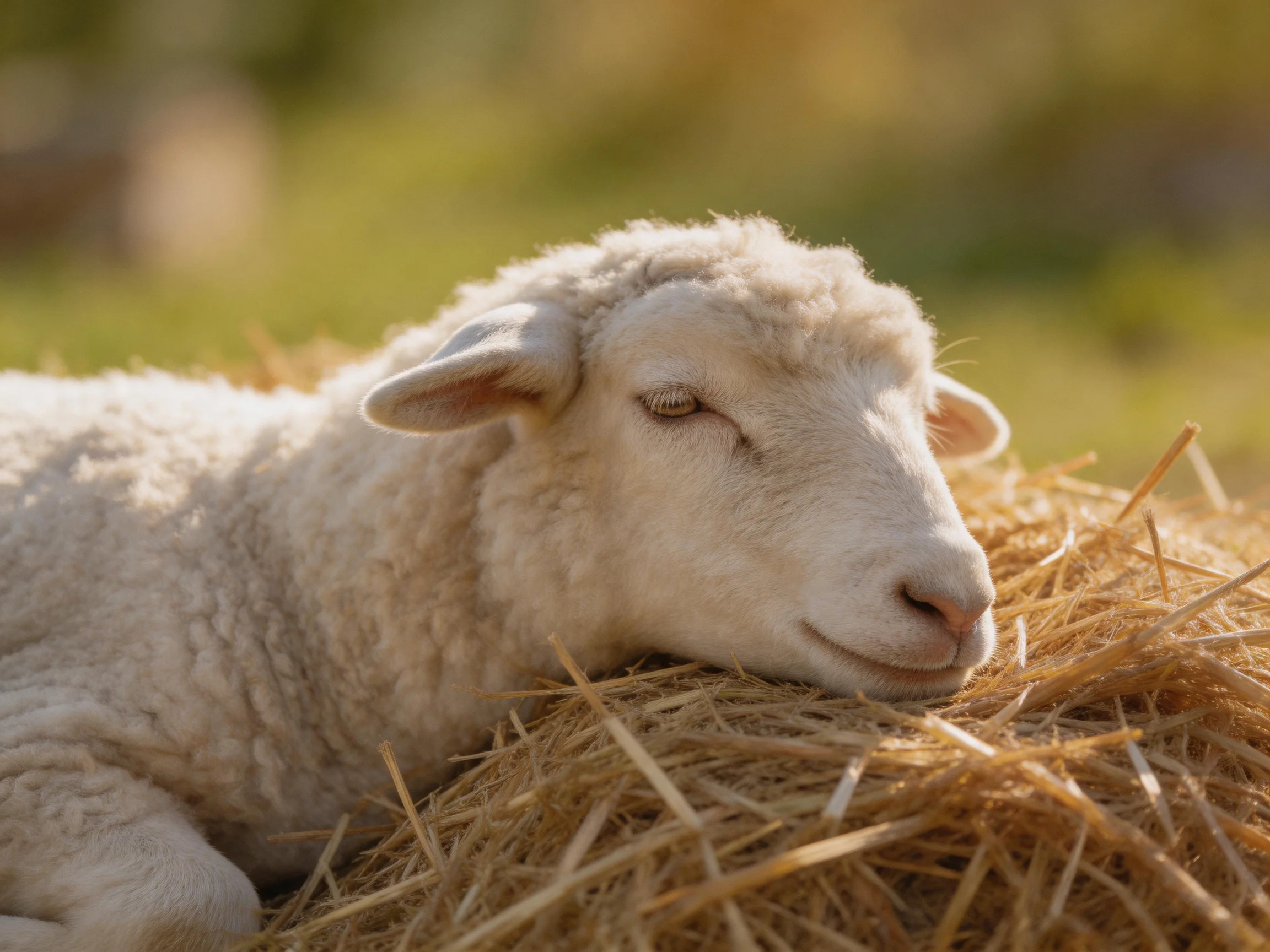 White lamb napping on golden straw pile in sunny field