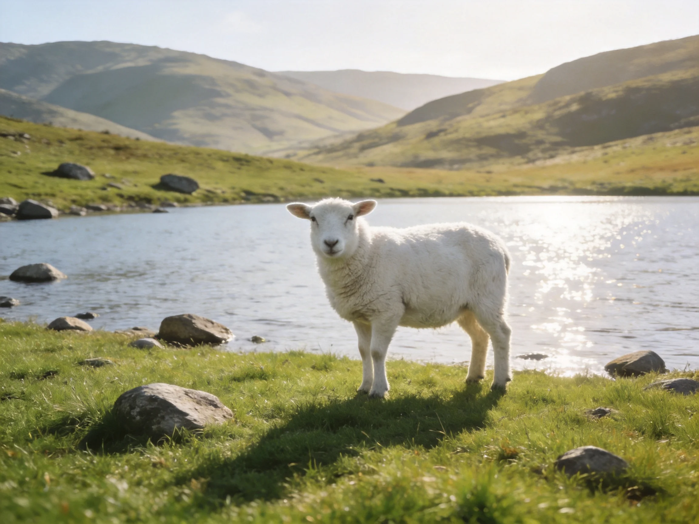White lamb near a shimmering lake with rolling green hills