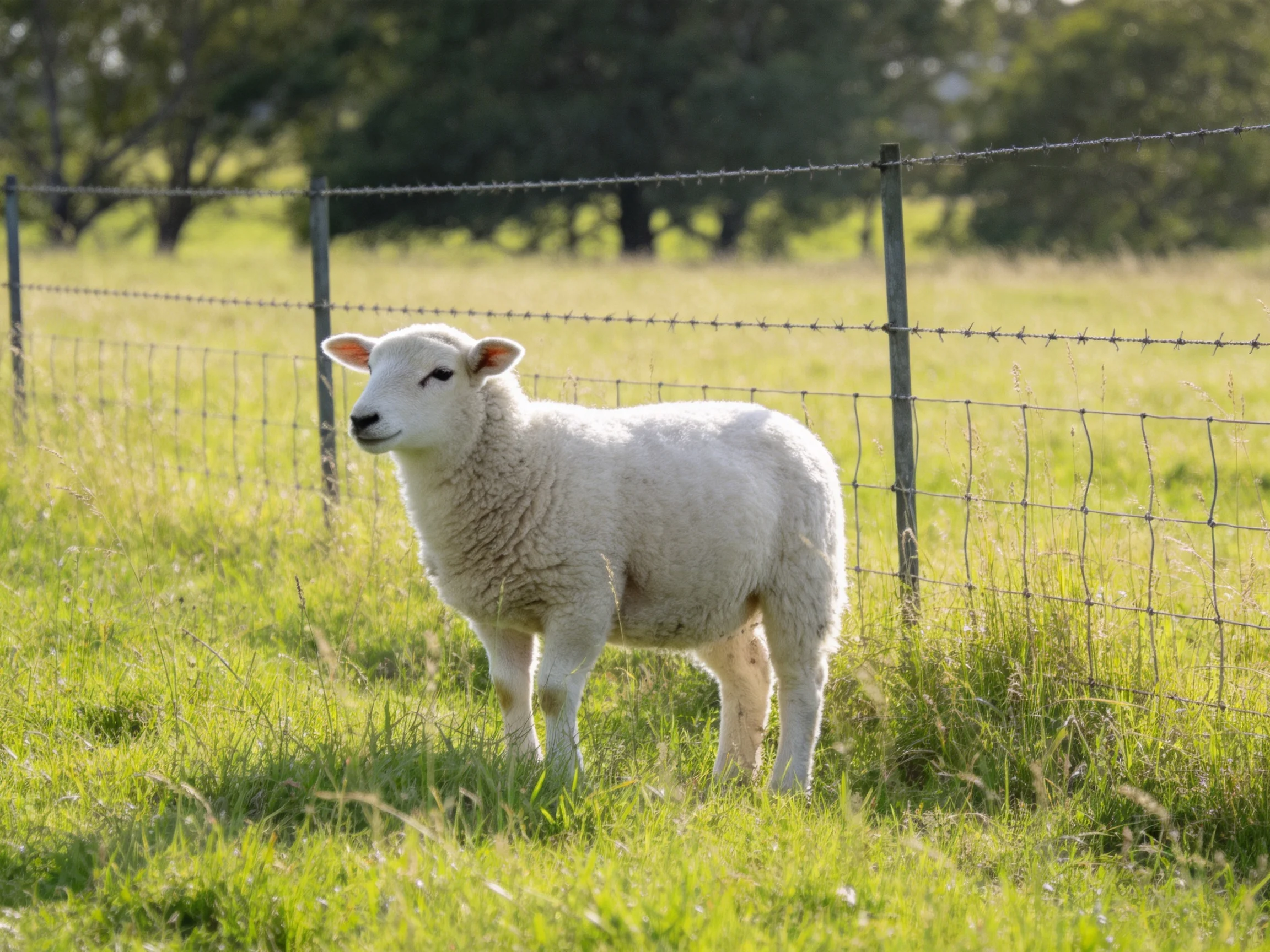 White lamb near barbed wire fence in sunny pasture