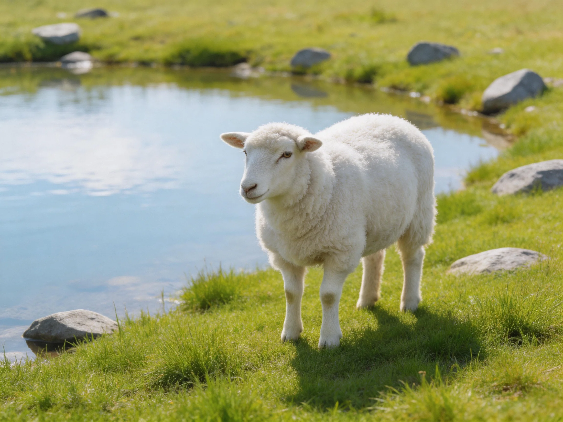 White lamb near calm pond with green grass and rocks