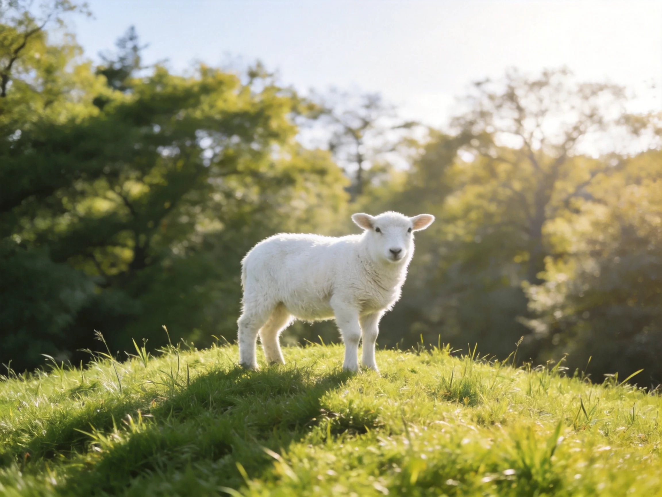 White lamb on lush green hillside with leafy trees
