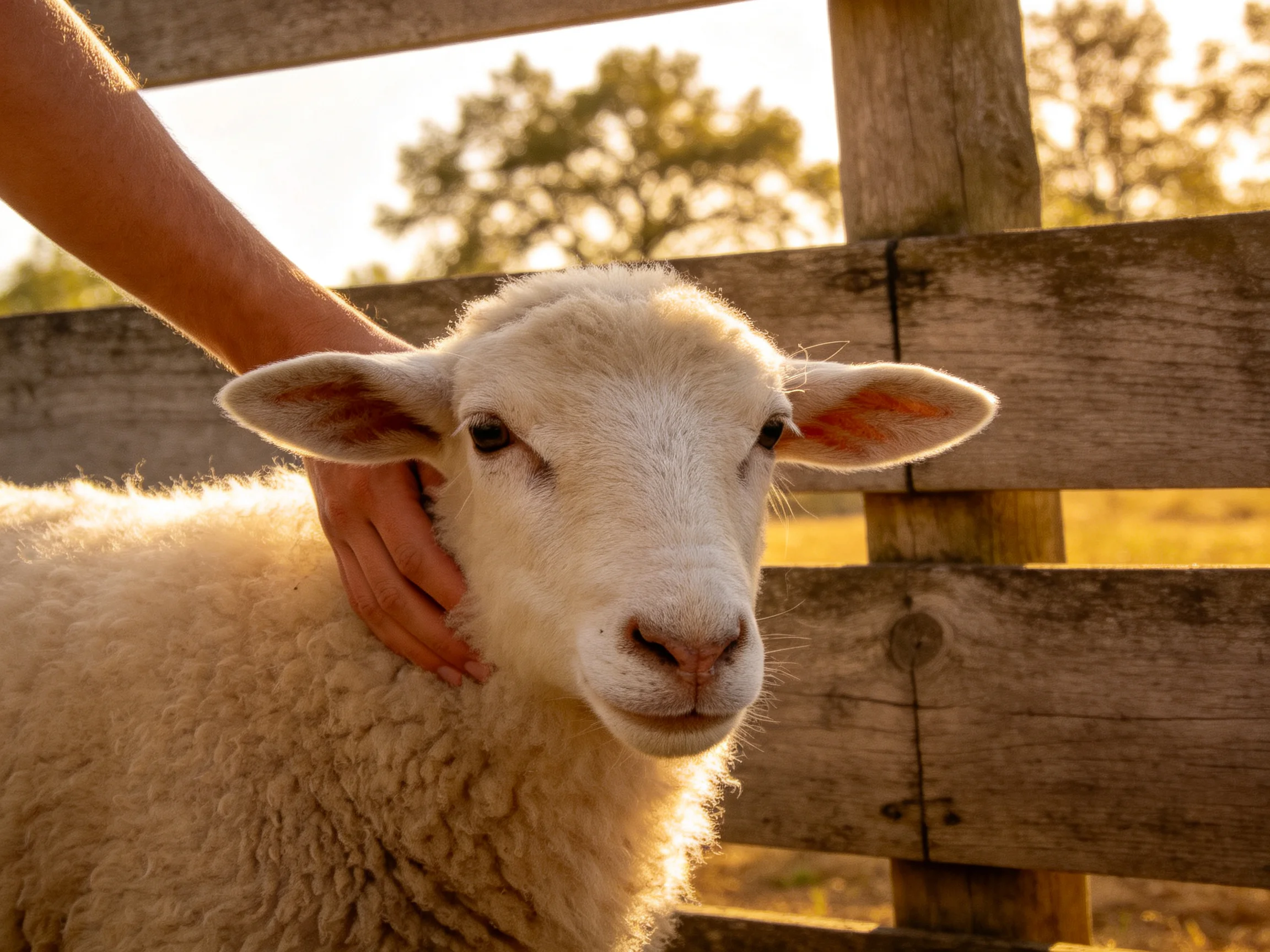 White lamb petted by hand near wooden fence in golden light