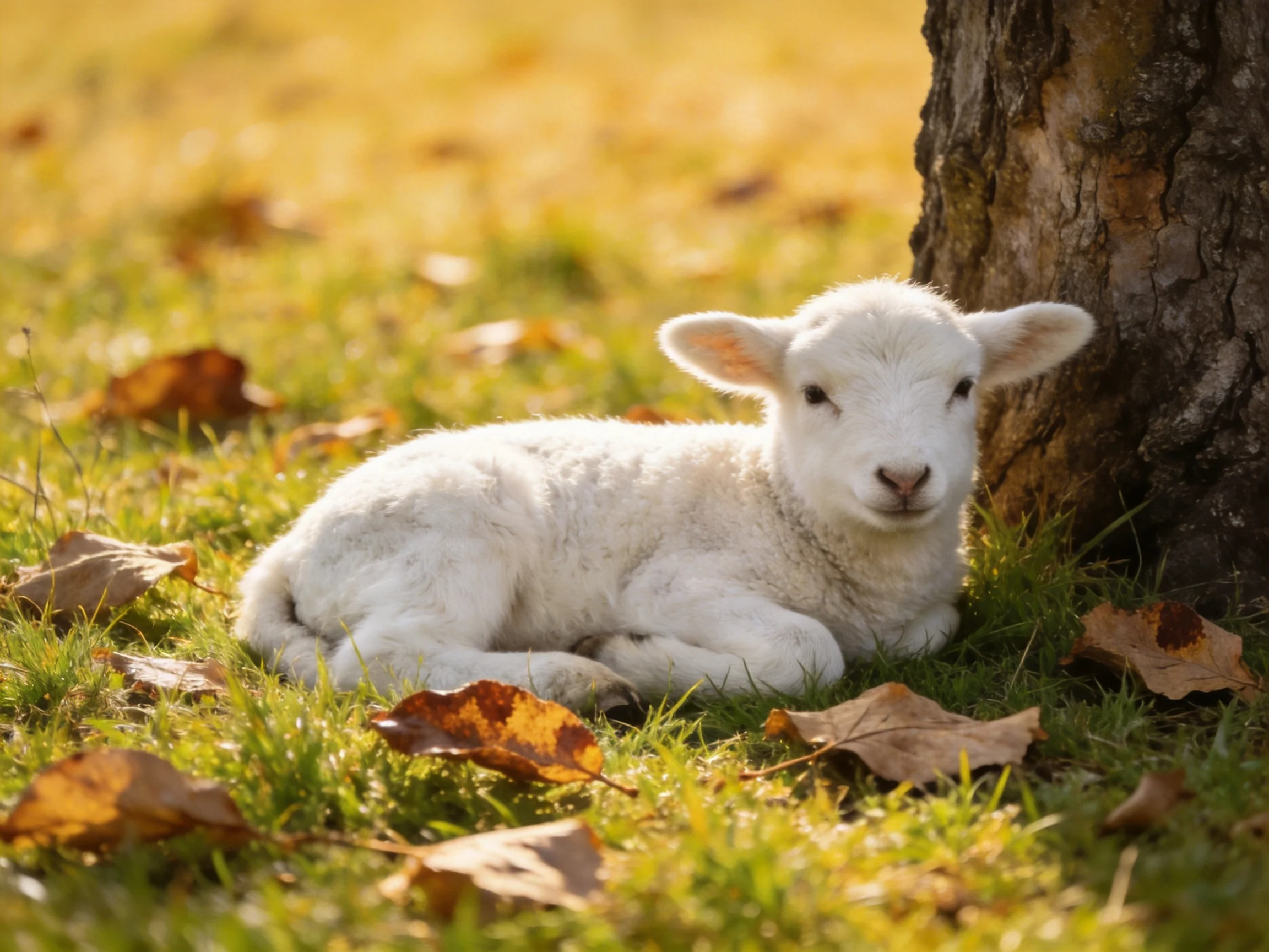 White lamb resting by tree amid autumn leaves