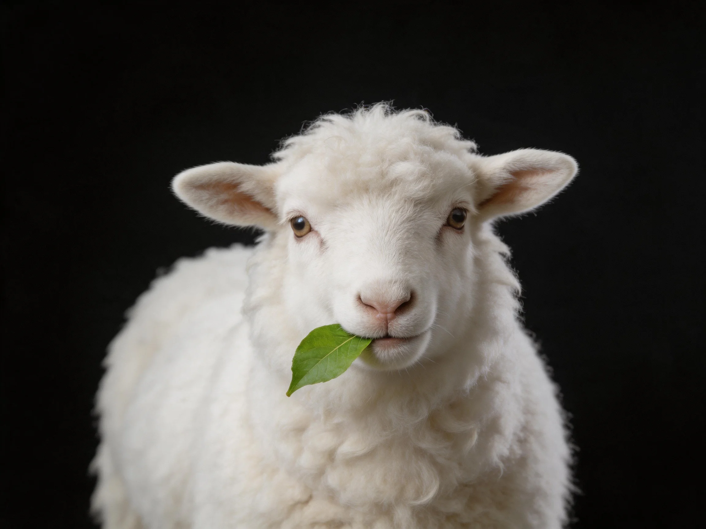 White lamb with fluffy wool holding a green leaf against a black background