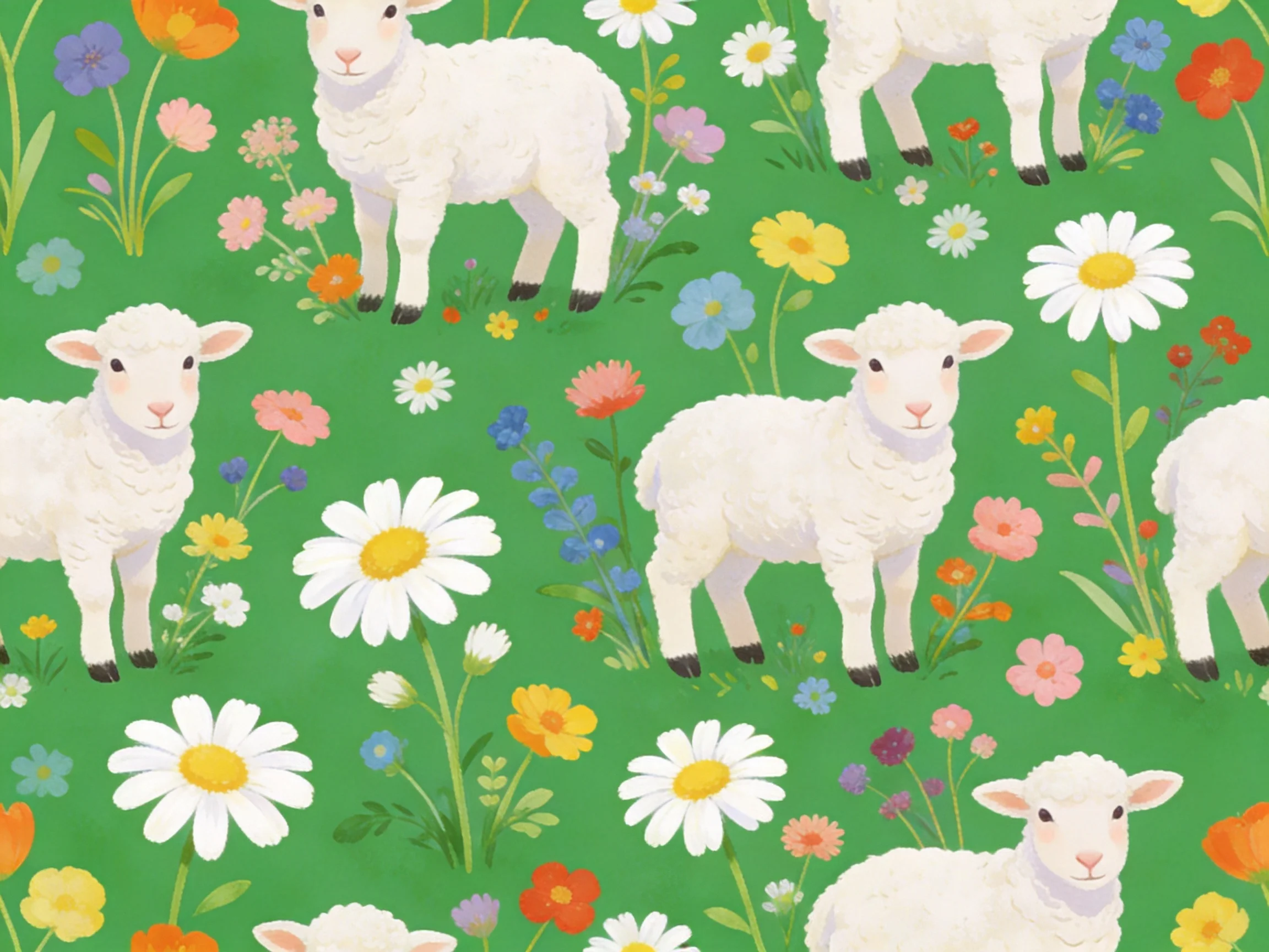 White lambs among colorful wildflowers in green meadow pattern