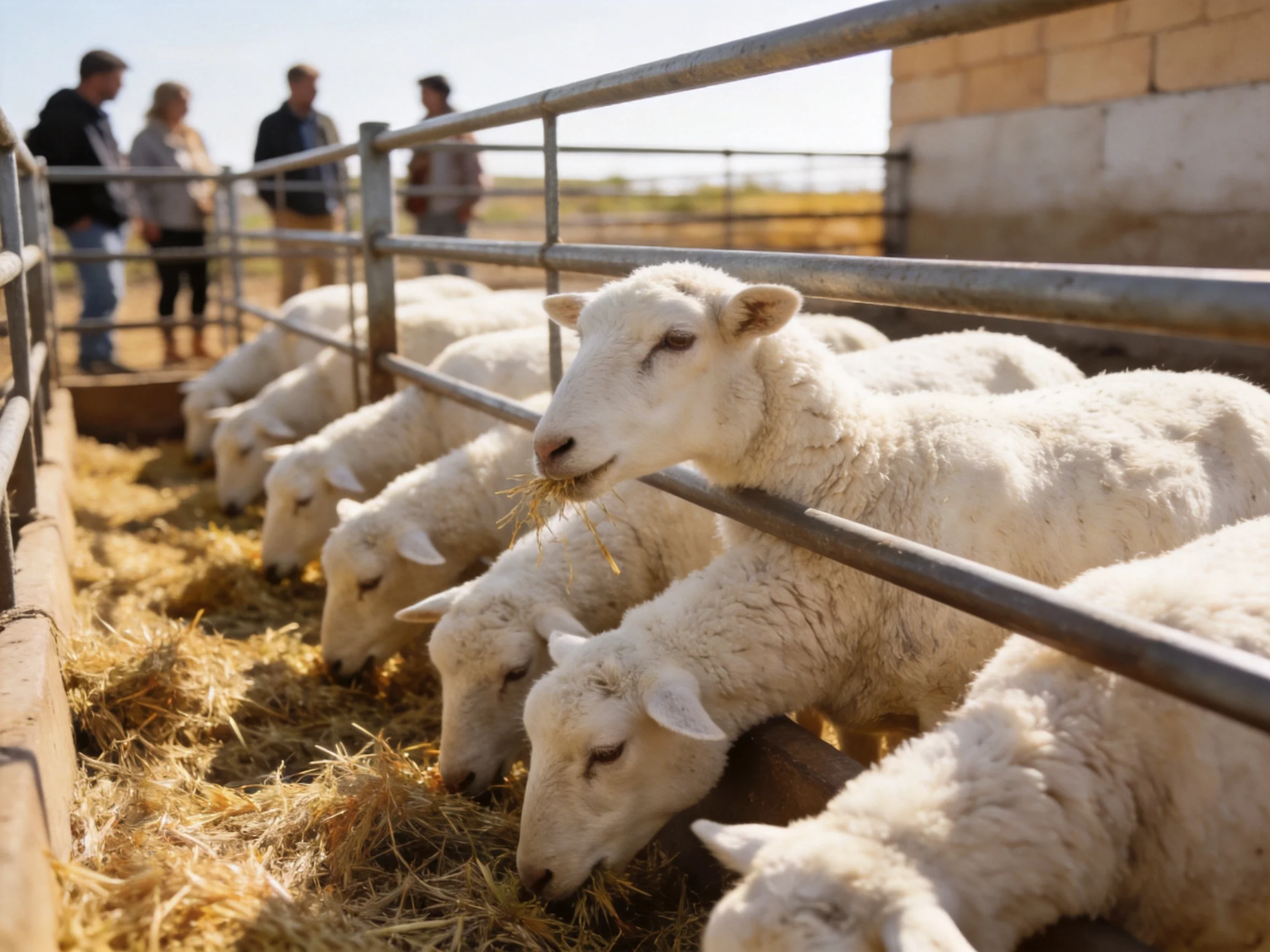 White lambs feeding on golden hay near metal pens with observers