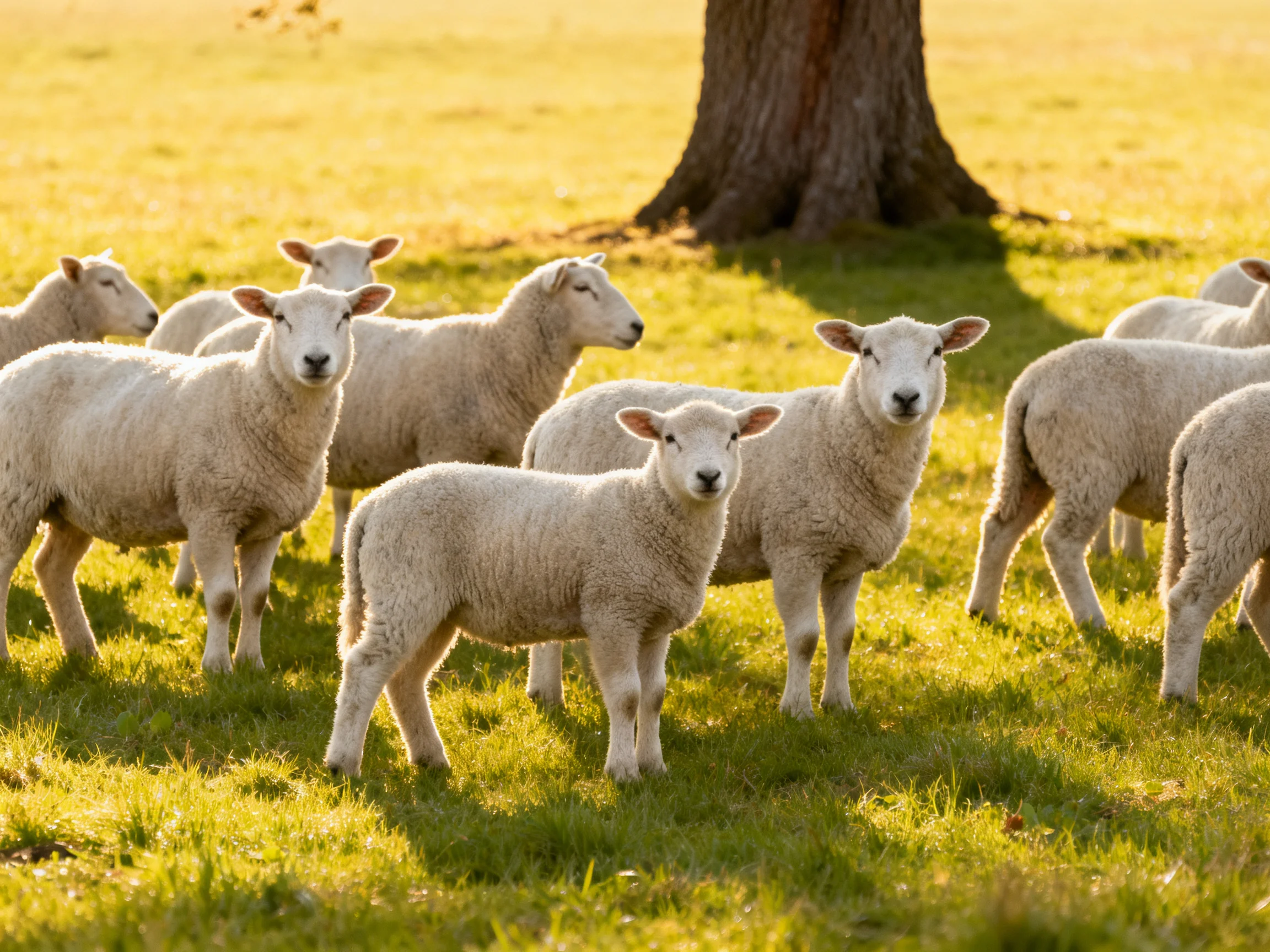 White lambs gather in a sunlit meadow by a large tree