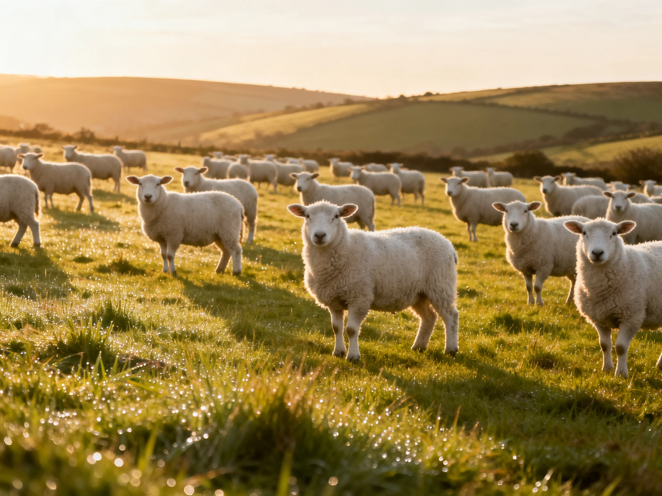 White lambs grazing in a dewy green pasture at golden hour