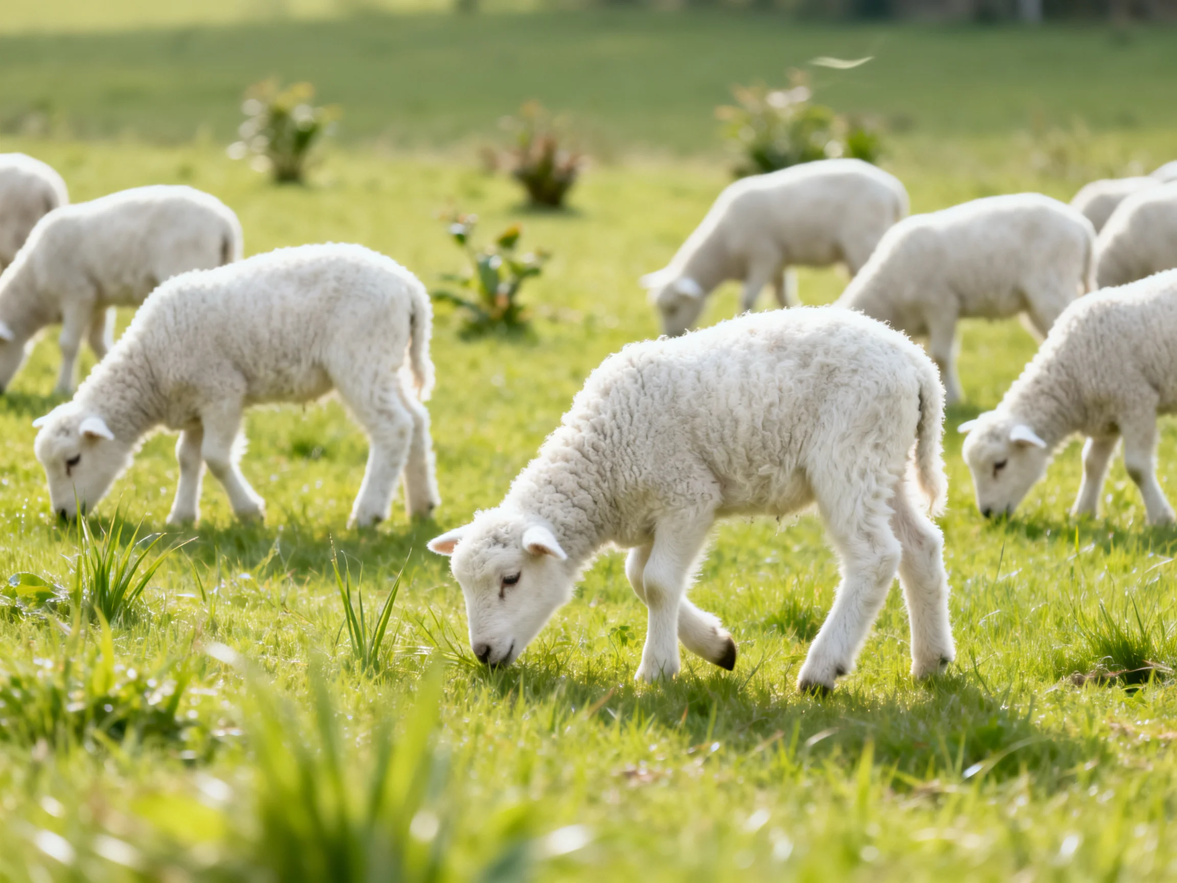 White lambs grazing in a lush green pasture